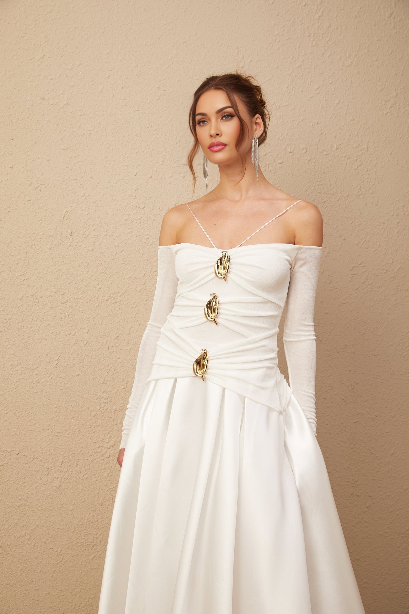 Giannina Maxi Dress - Off the Shoulder - Long Sleeves - Spaghetti Straps - Pleated Detailing - Flared Skirt