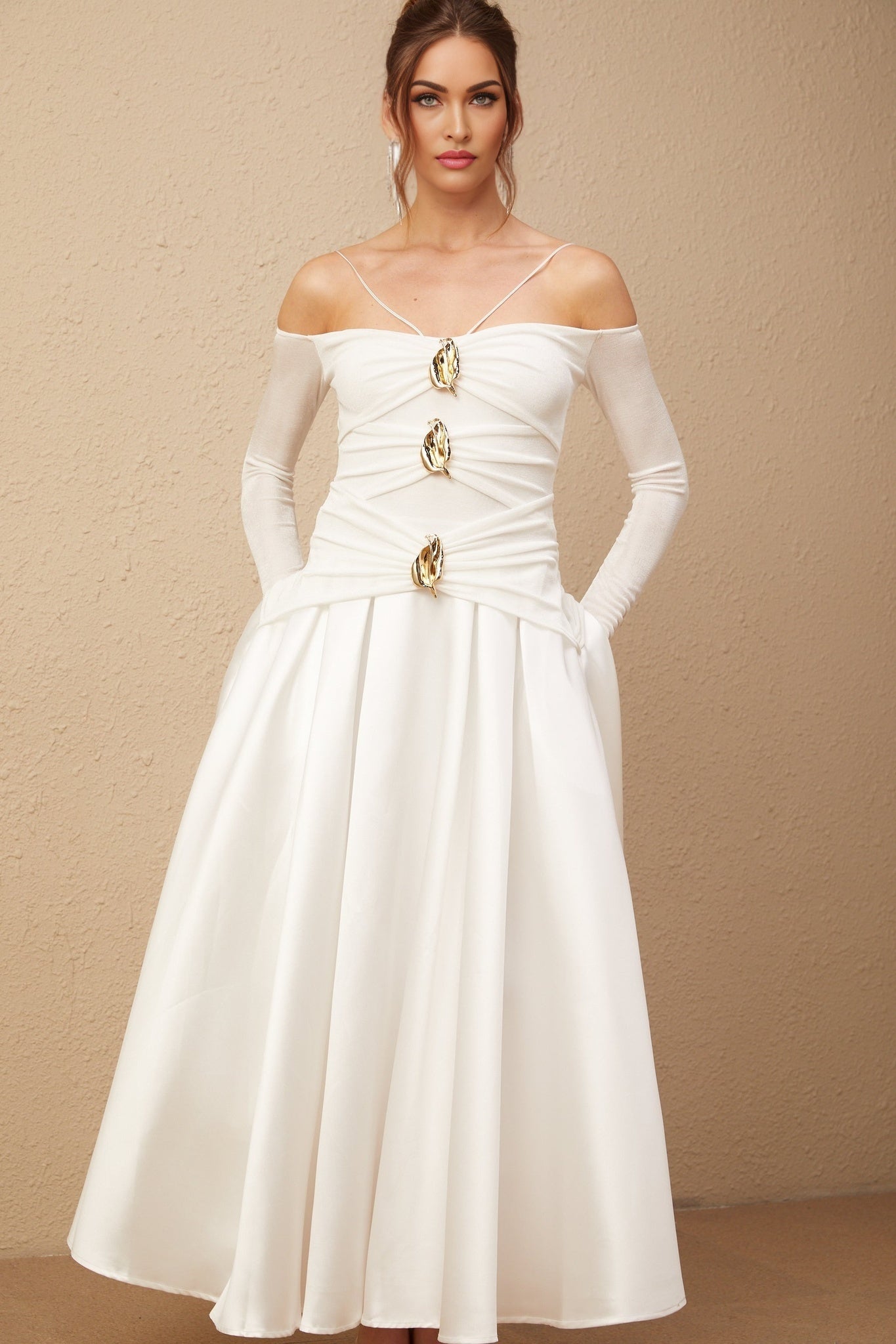 Giannina Maxi Dress - Off the Shoulder - Long Sleeves - Spaghetti Straps - Pleated Detailing - Flared Skirt