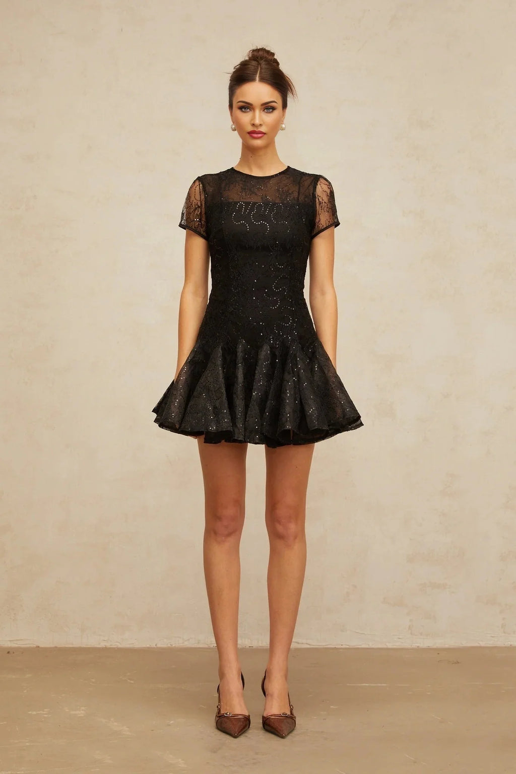 Giannina Mini Dress Black Sequin Embellished Cut - Out & Cinched Waist