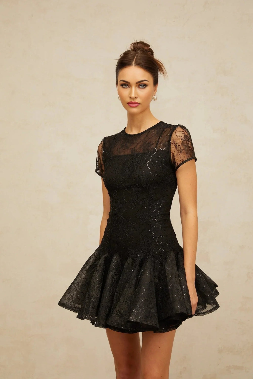 Giannina Mini Dress Black Sequin Embellished Cut - Out & Cinched Waist