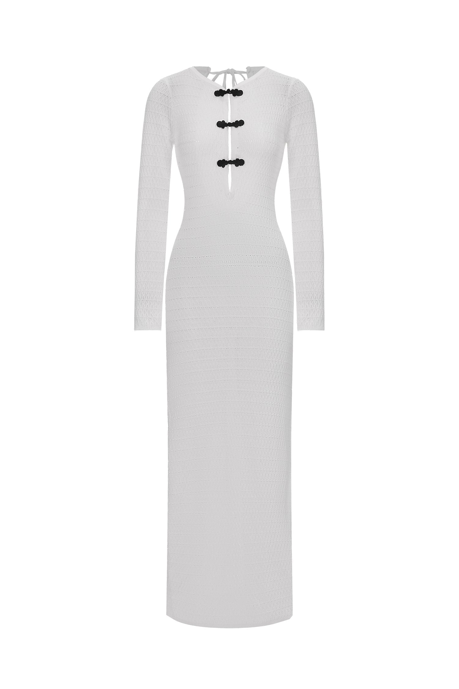 Giannina White Maxi Dress Hollow Out Design Long Sleeves Neckline Detail Comfortable Fit Modern Charm Casual Formal Wear