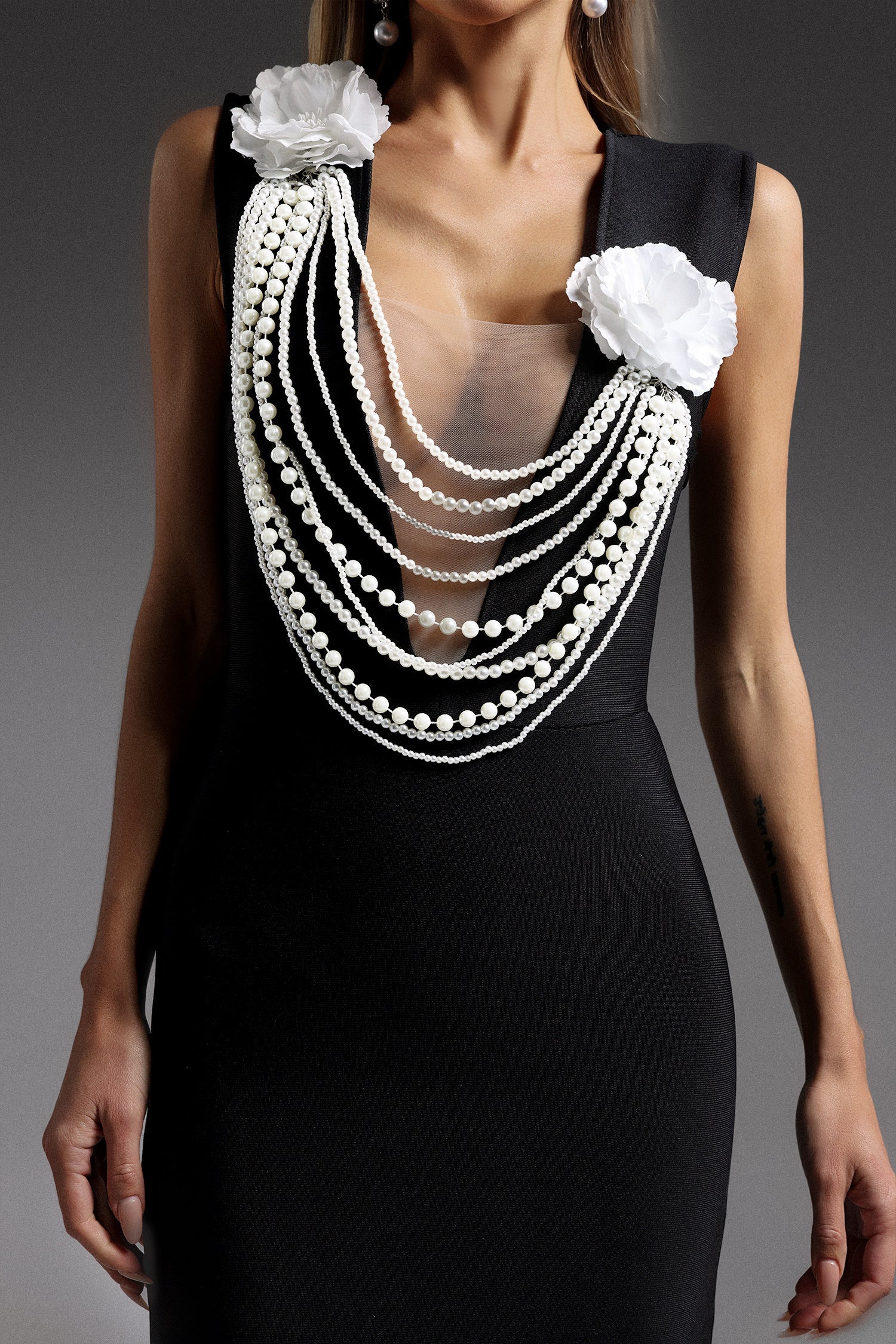 Gilda Black Maxi Dress with Floral Embellishments and Pearls