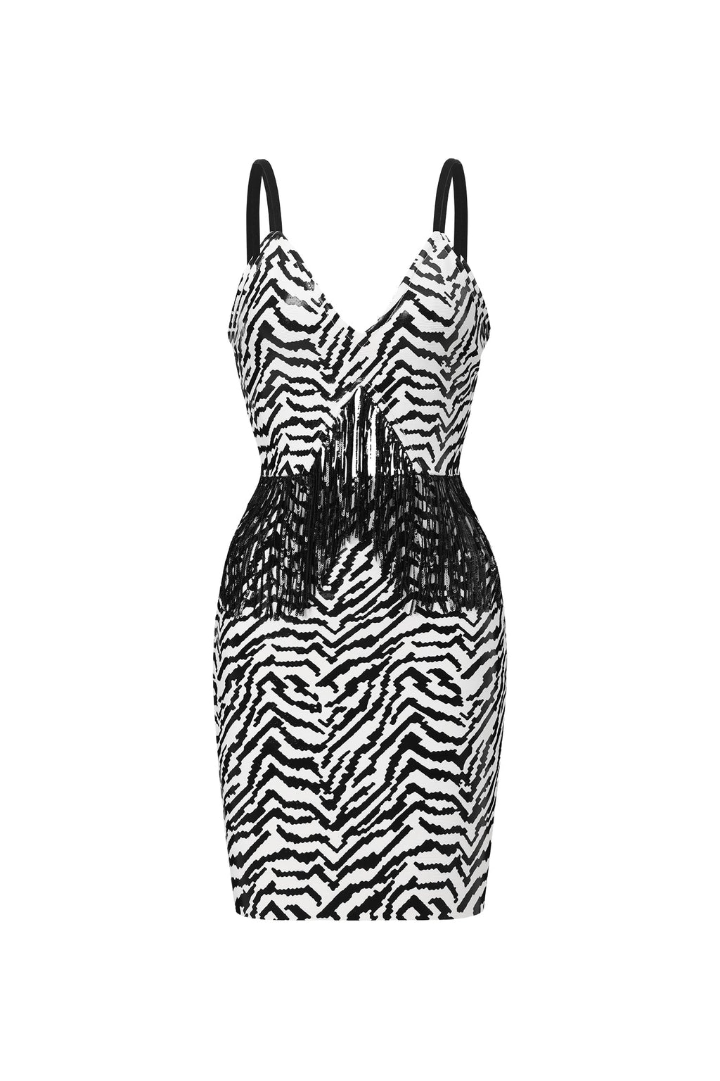 Gilda Black Zebra Print Eco-Leather Cut-Out Mini Dress with Tassel Detailing