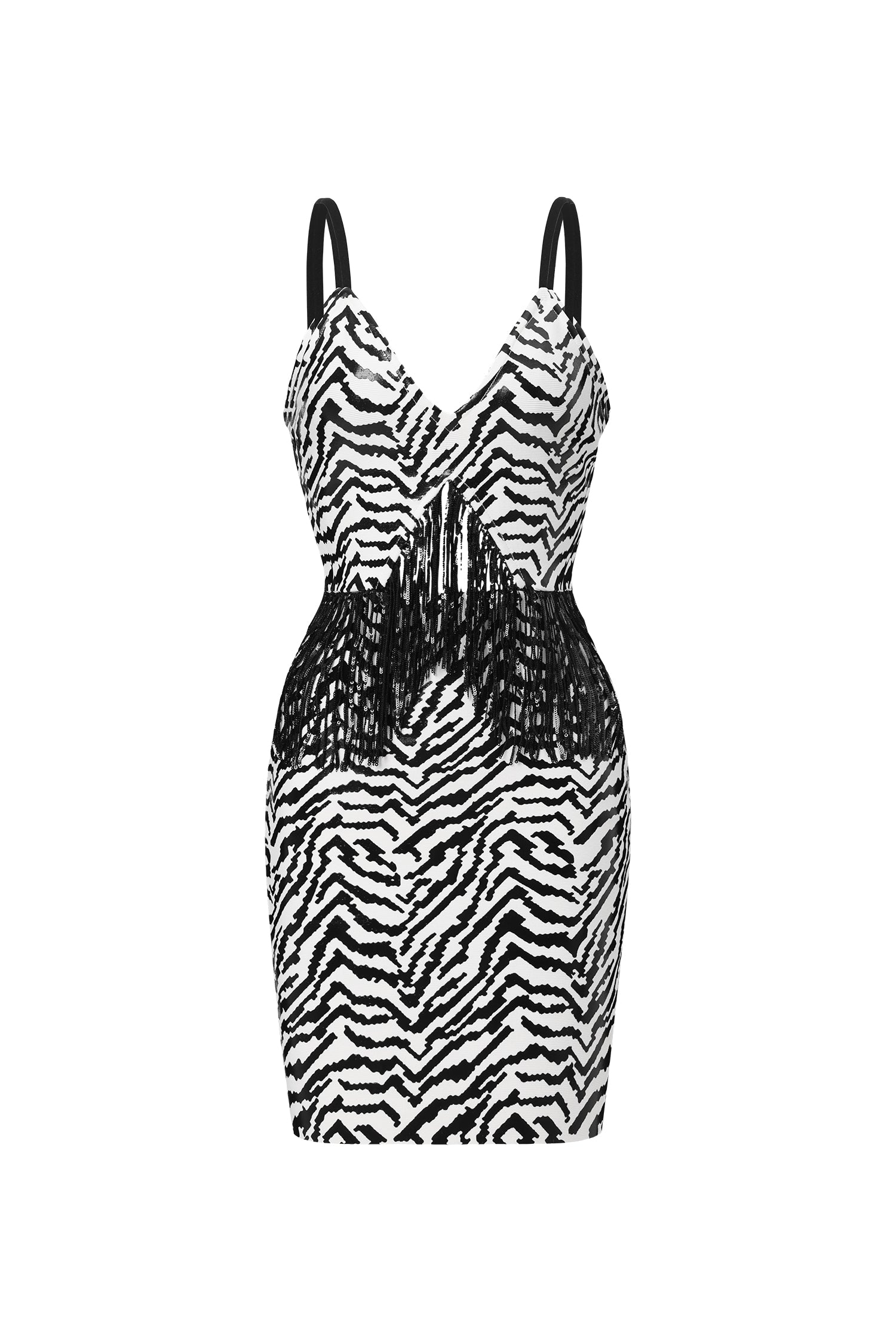 Gilda Black Zebra Print Eco-Leather Cut-Out Mini Dress with Tassel Detailing