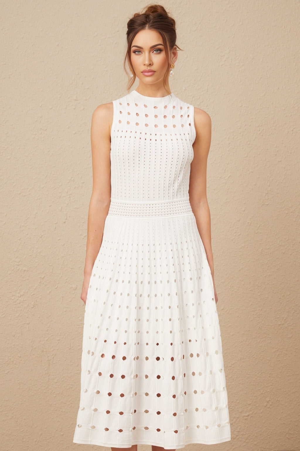 Gilda Midi Dress - Crew Neck Design - Sleeveless - Cut - Out Detailing - Calf Length