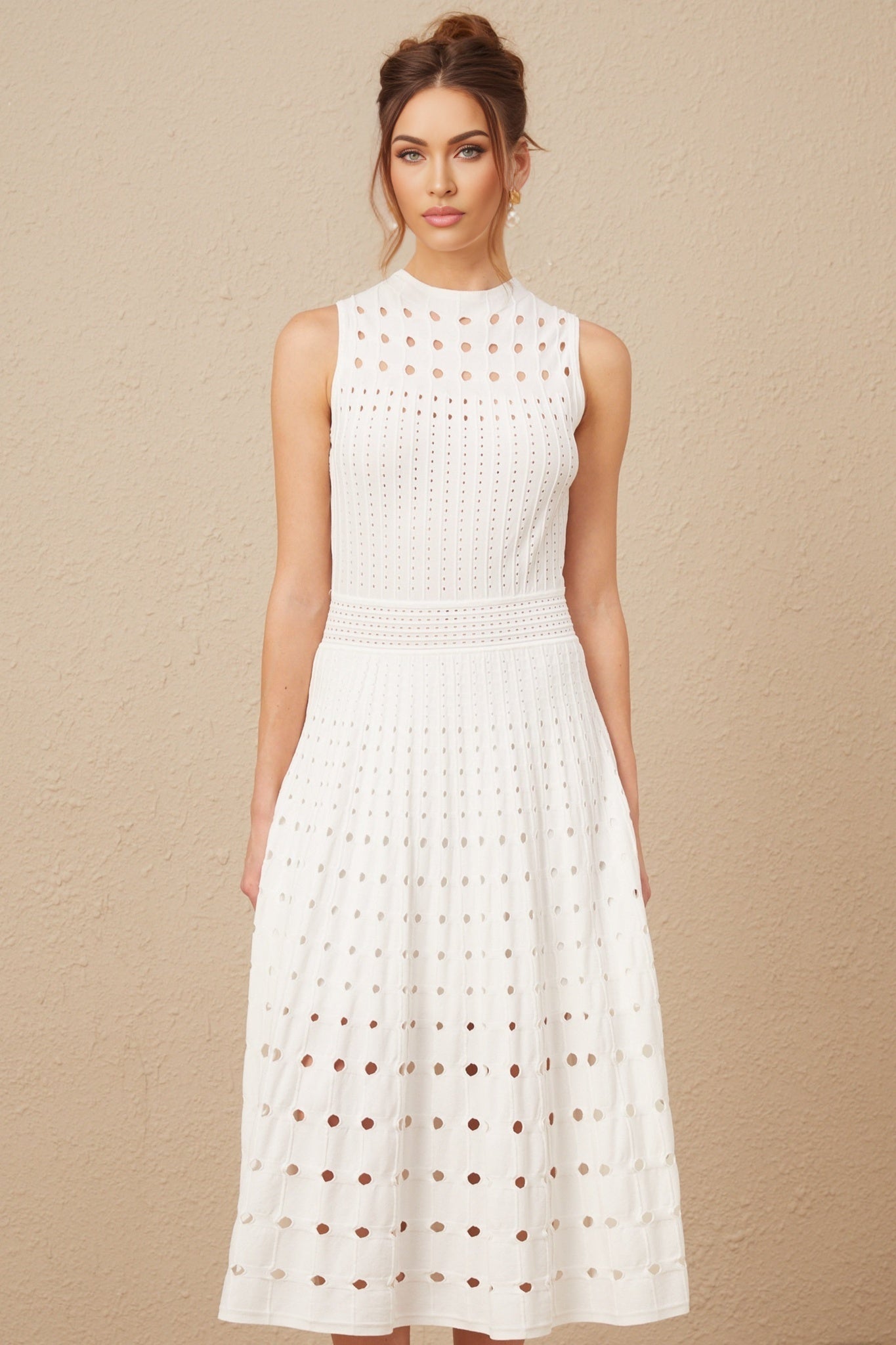 Gilda Midi Dress - Crew Neck Design - Sleeveless - Cut - Out Detailing - Calf Length