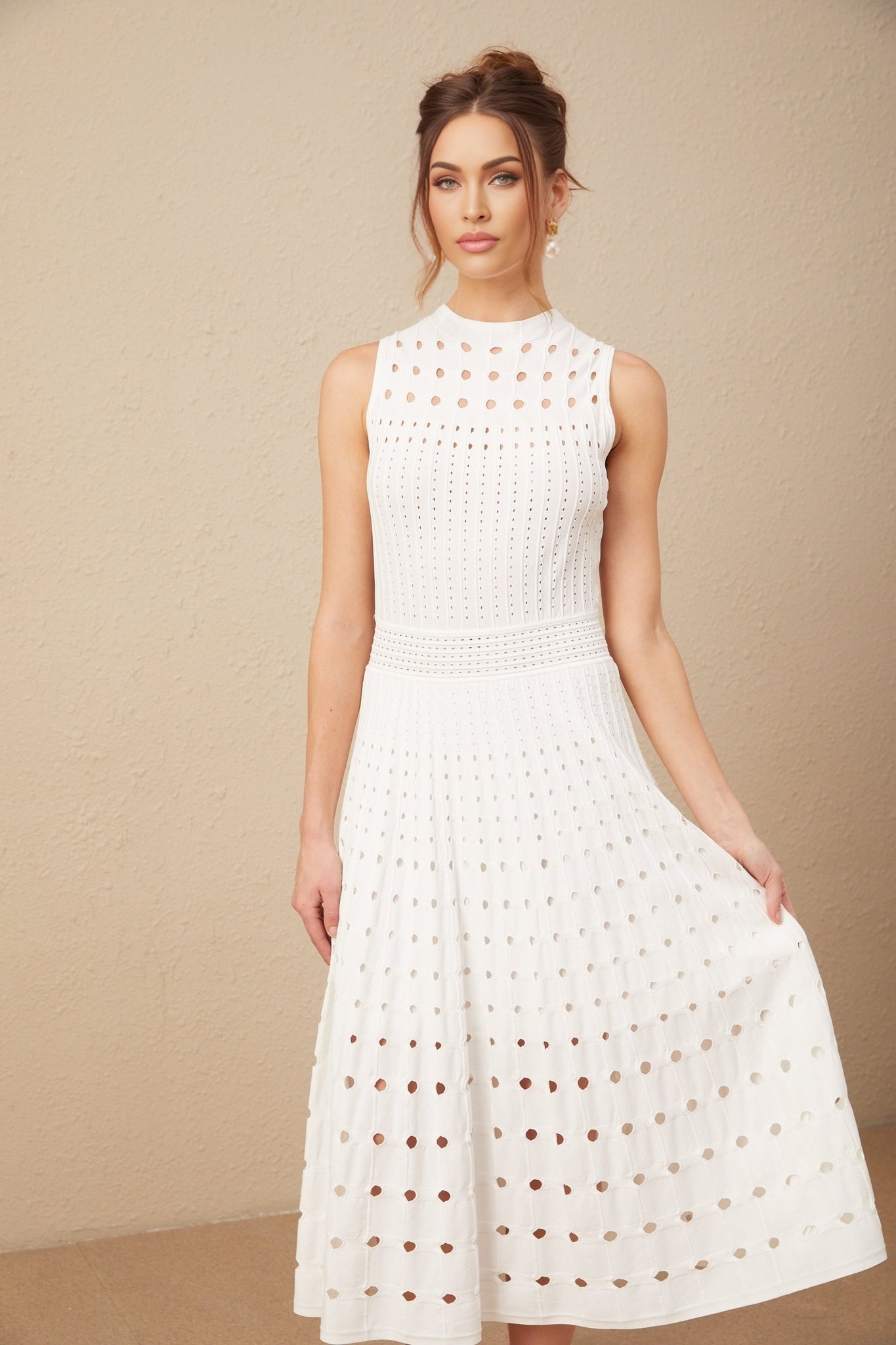 Gilda Midi Dress - Crew Neck Design - Sleeveless - Cut - Out Detailing - Calf Length