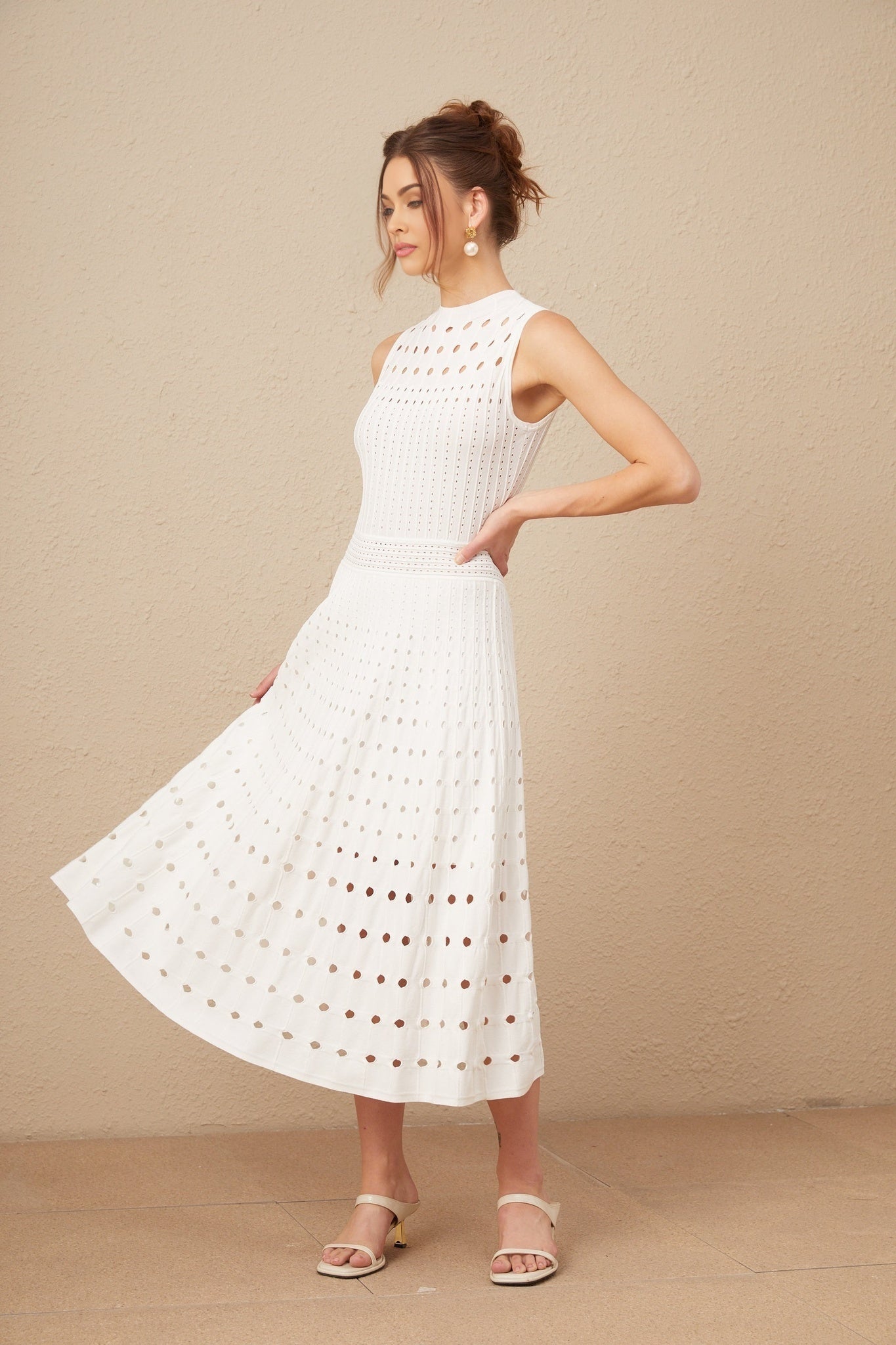Gilda Midi Dress - Crew Neck Design - Sleeveless - Cut - Out Detailing - Calf Length