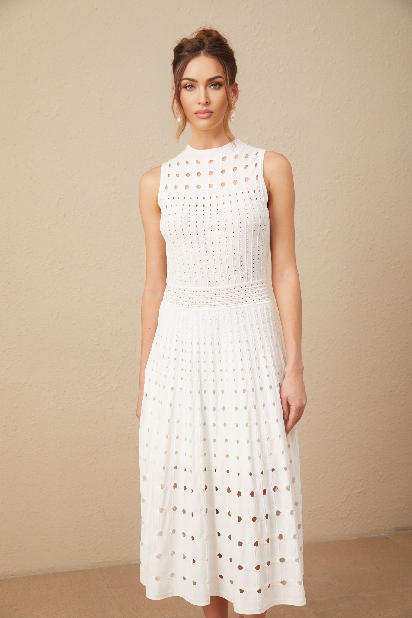 Gilda Midi Dress - Crew Neck Design - Sleeveless - Cut - Out Detailing - Calf Length