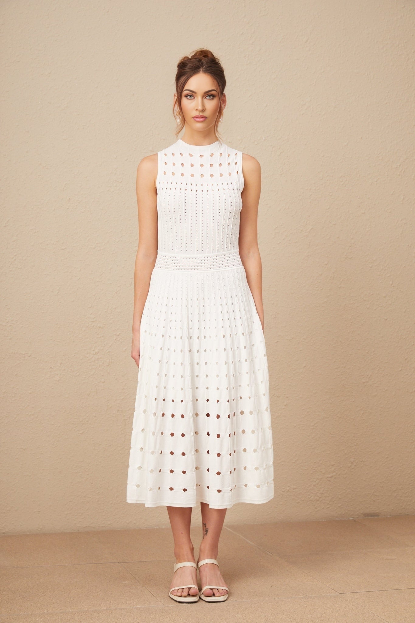 Gilda Midi Dress - Crew Neck Design - Sleeveless - Cut - Out Detailing - Calf Length