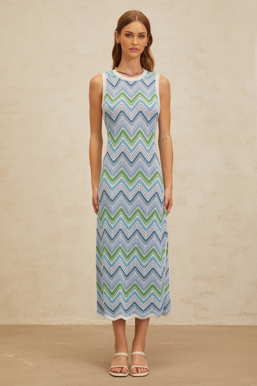 Gilda Midi Dress - Sleeveless - Fitted Silhouette - Chevron Knit - Side Slit - Slip - On Style
