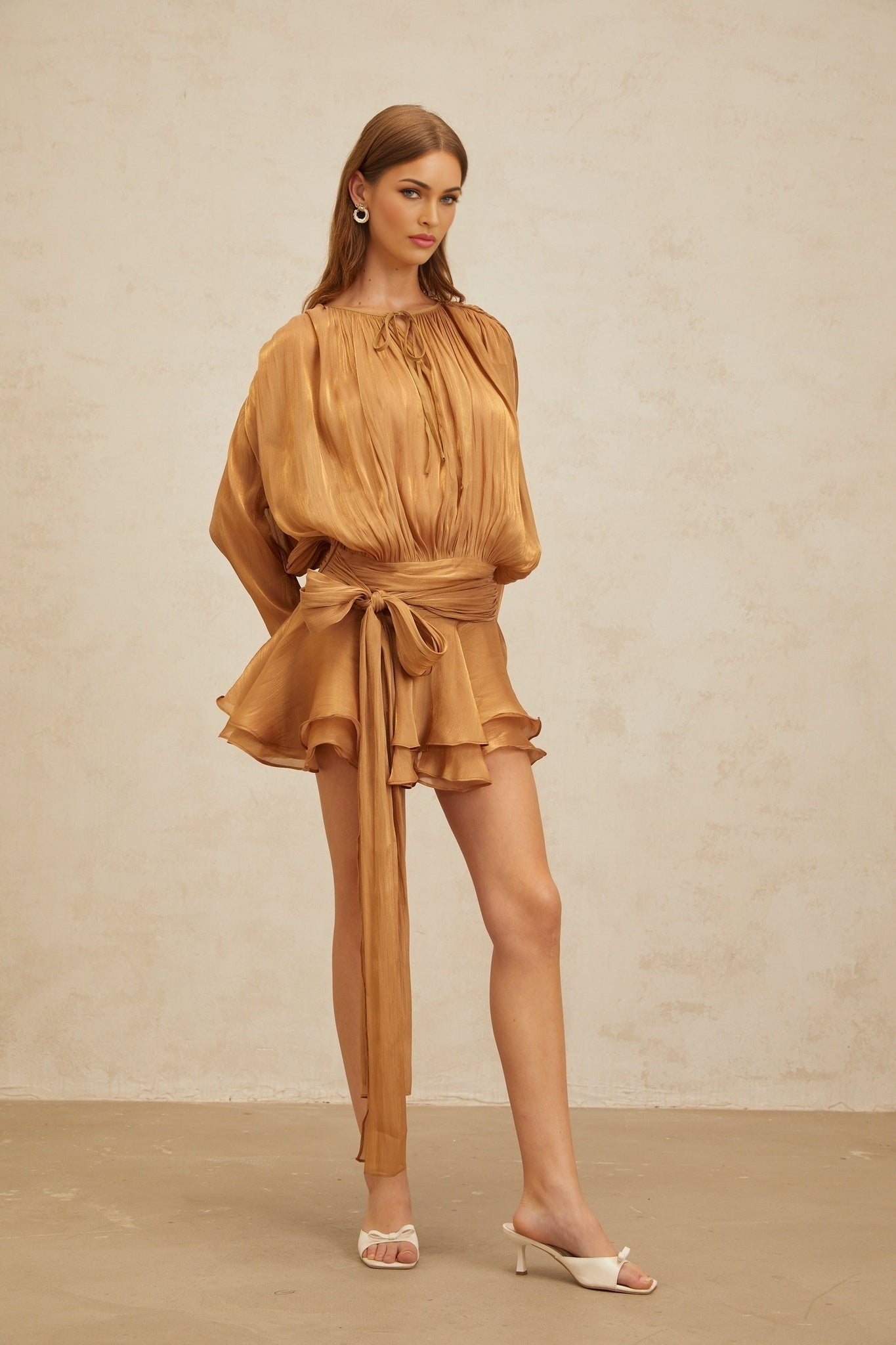 Gilda Mini Dress - Long Buttoned - Cuff Sleeves - Twist & Draped Design - Ruffled Hem - Glitter Detailing