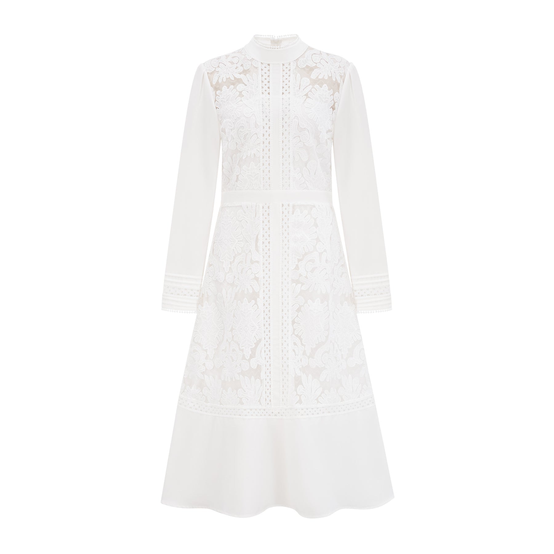 Ginetta Midi Dress - Mock Neck - Long Sleeves - Panelled Design - Cut - Out Detailing - Floral Embroidery