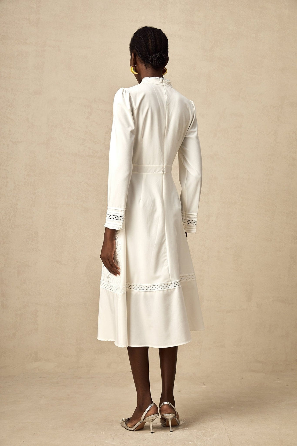 Ginetta Midi Dress - Mock Neck - Long Sleeves - Panelled Design - Cut - Out Detailing - Floral Embroidery