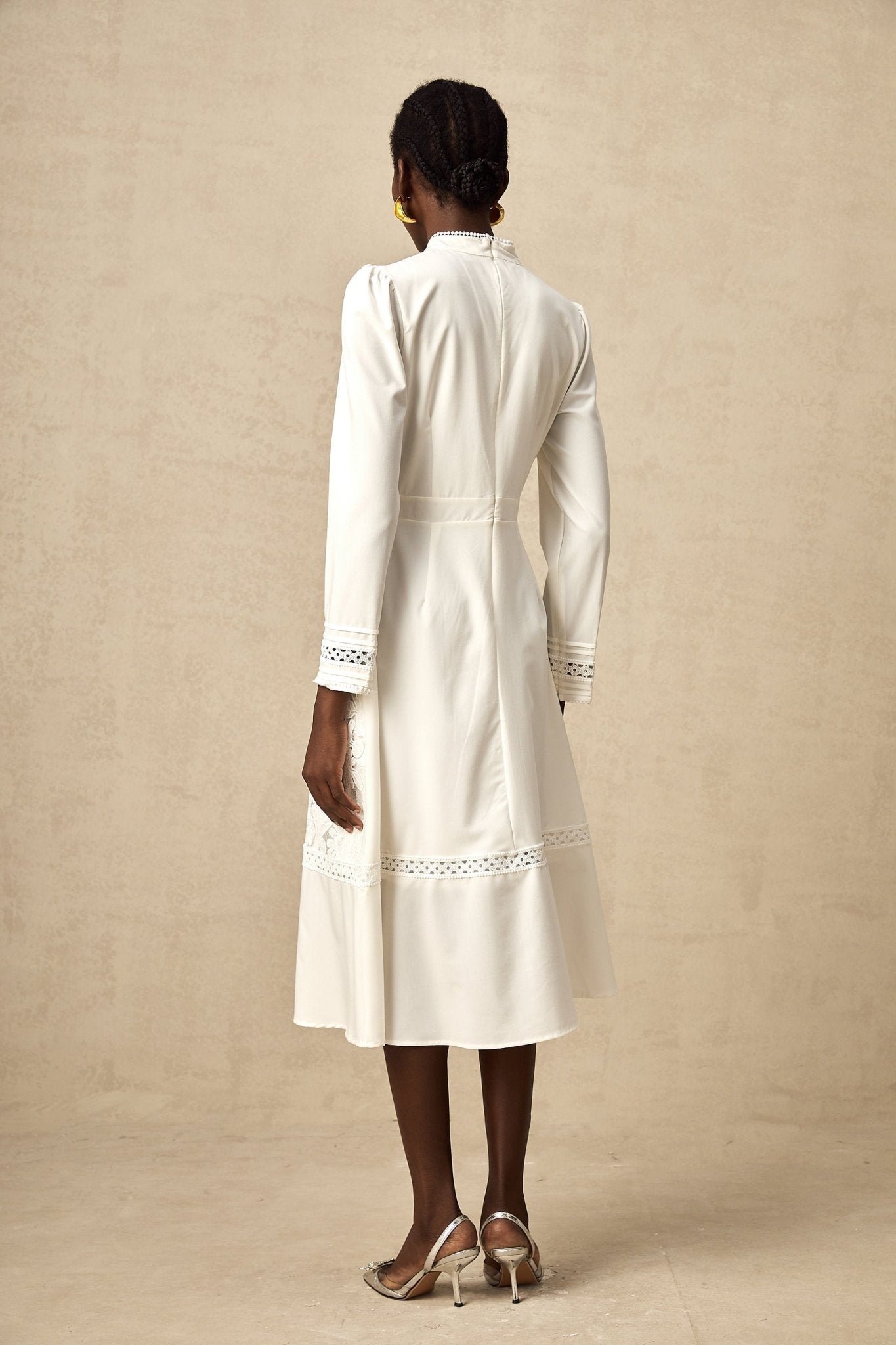 Ginetta Midi Dress - Mock Neck - Long Sleeves - Panelled Design - Cut - Out Detailing - Floral Embroidery