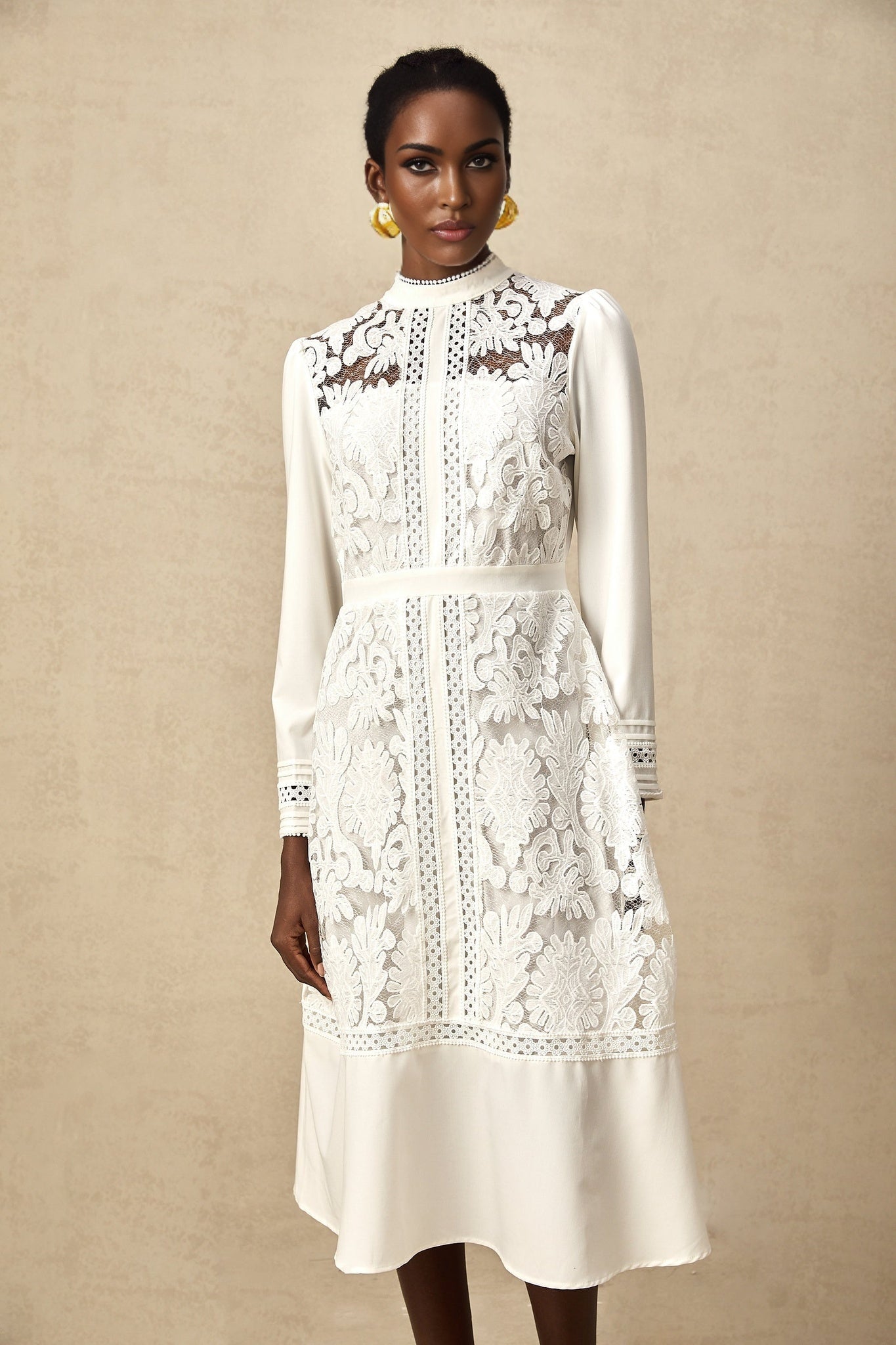 Ginetta Midi Dress - Mock Neck - Long Sleeves - Panelled Design - Cut - Out Detailing - Floral Embroidery