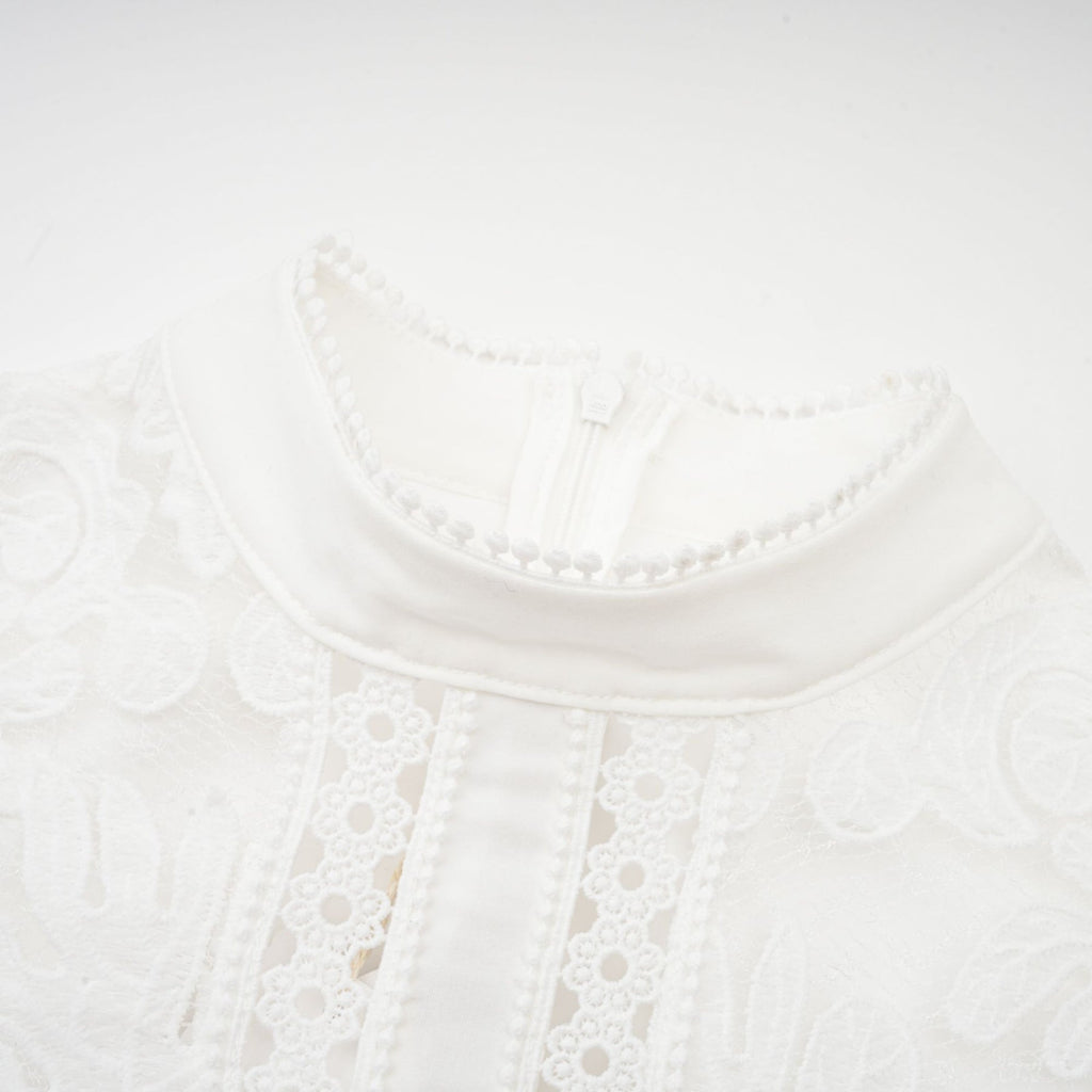 Ginetta Midi Dress - Mock Neck - Long Sleeves - Panelled Design - Cut - Out Detailing - Floral Embroidery