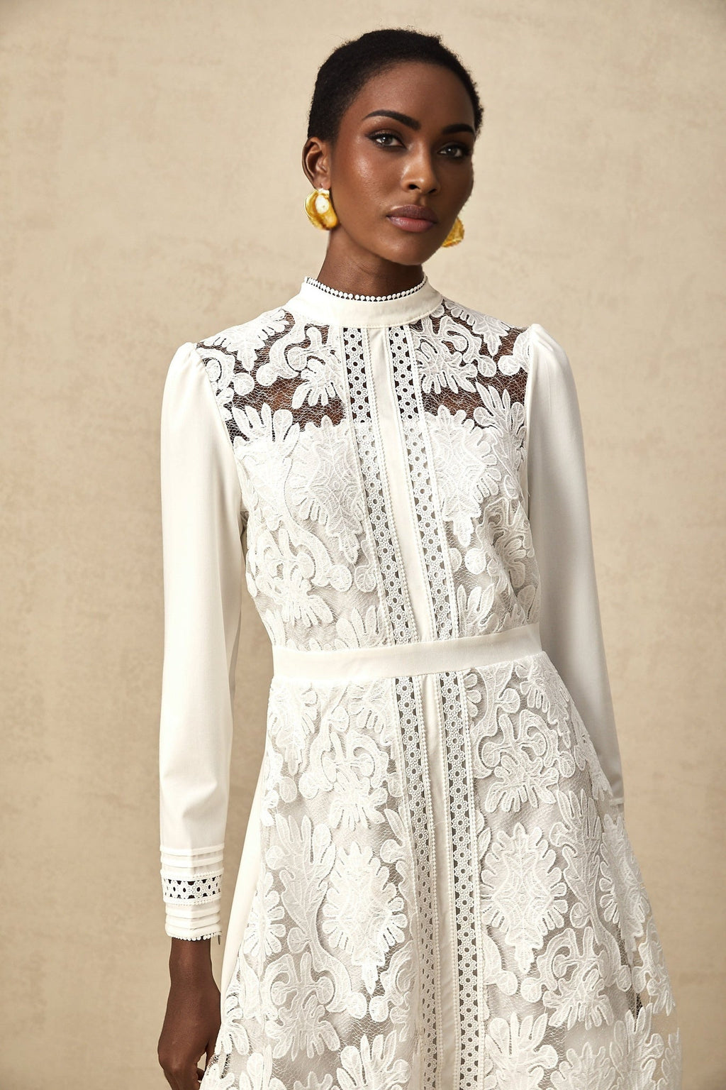 Ginetta Midi Dress - Mock Neck - Long Sleeves - Panelled Design - Cut - Out Detailing - Floral Embroidery