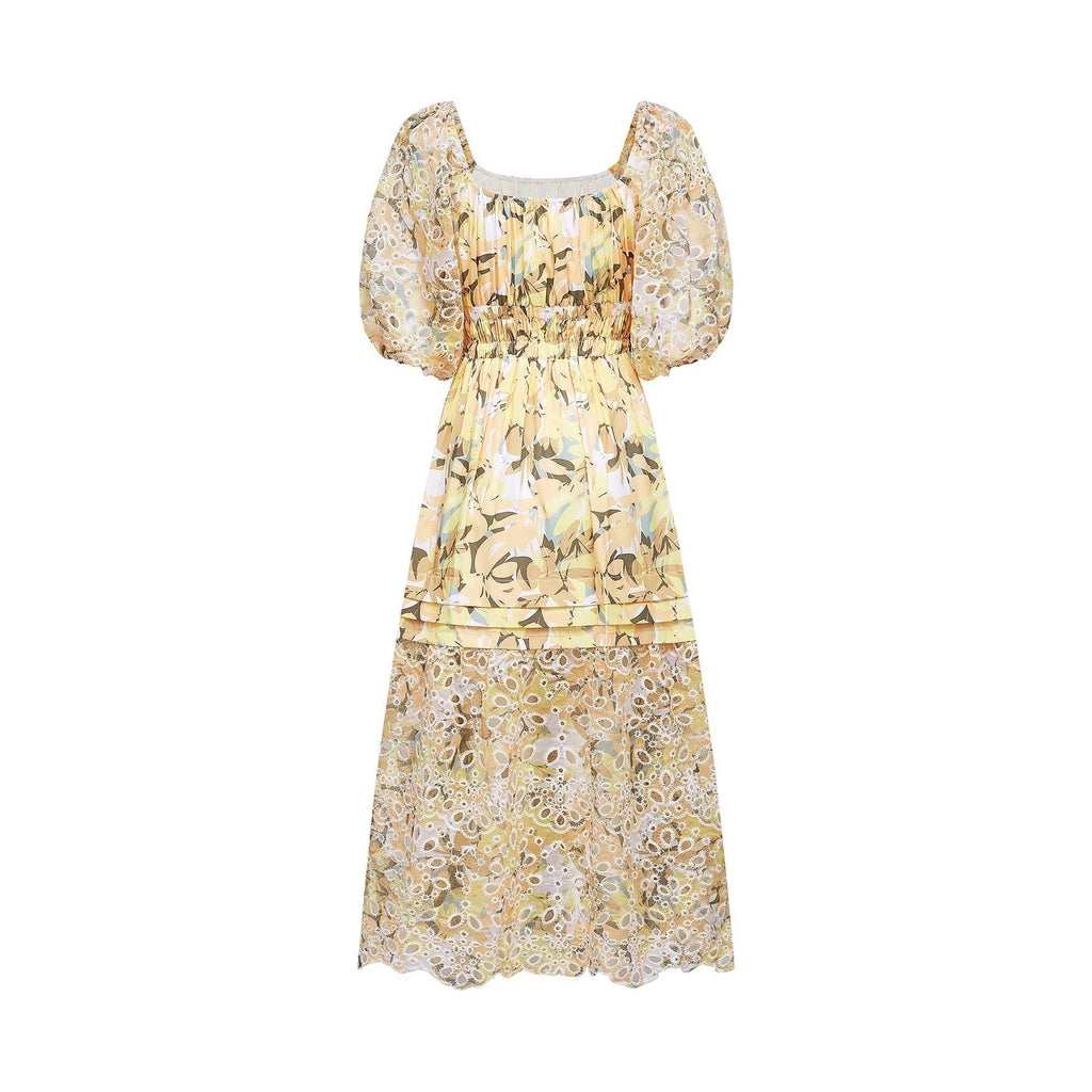 Ginetta Midi Dress - Off the Shoulder - Floral Print - Cut - Out Design - Layered Flounce Hem - A - Line Skirt