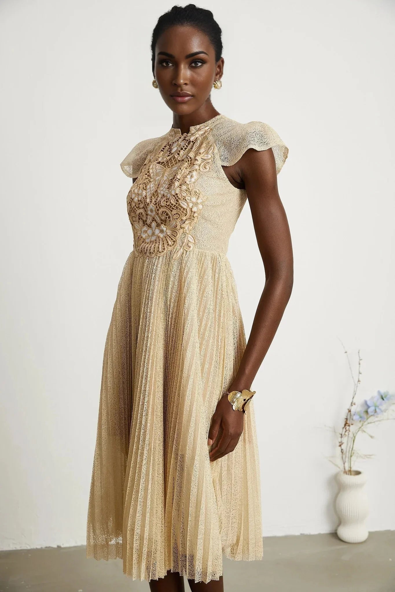 Ginetta Midi Dress - Sleeveless - Pleated Embroidered Design - Butterfly Motif - Cut - out Detail - Rear Zip