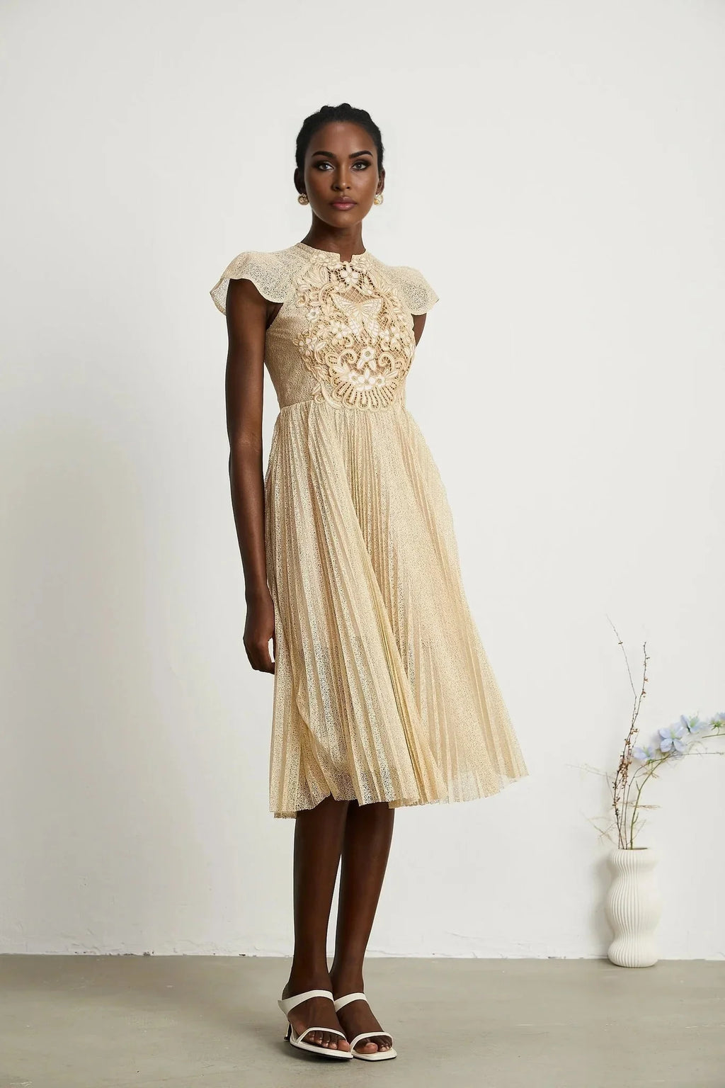 Ginetta Midi Dress - Sleeveless - Pleated Embroidered Design - Butterfly Motif - Cut - out Detail - Rear Zip