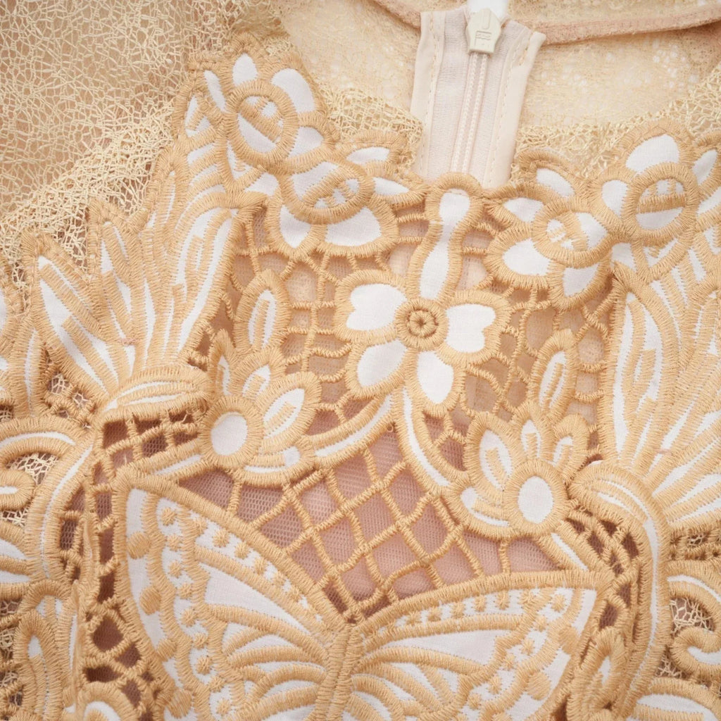 Ginetta Midi Dress - Sleeveless - Pleated Embroidered Design - Butterfly Motif - Cut - out Detail - Rear Zip