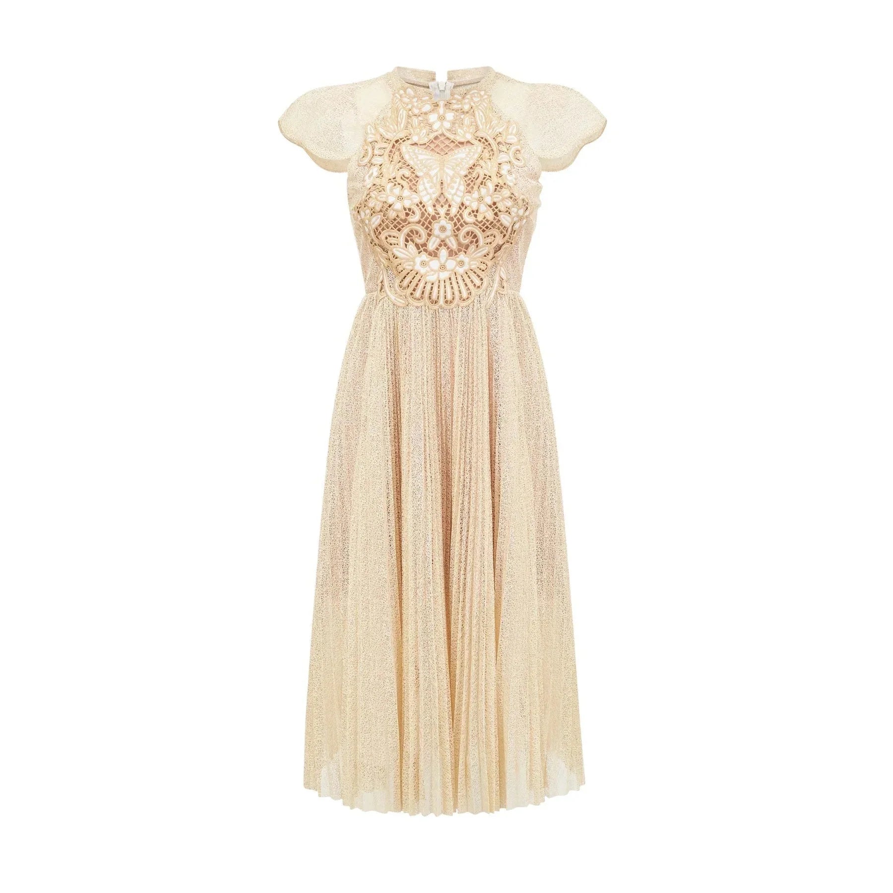 Ginetta Midi Dress - Sleeveless - Pleated Embroidered Design - Butterfly Motif - Cut - out Detail - Rear Zip