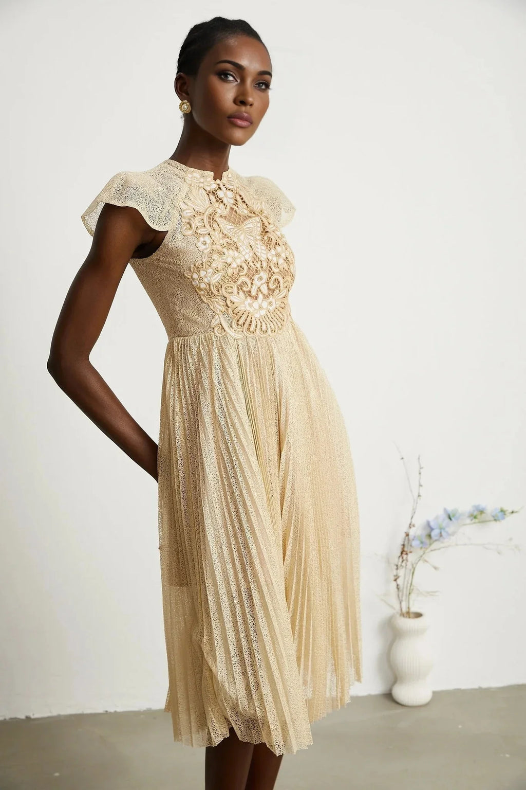 Ginetta Midi Dress - Sleeveless - Pleated Embroidered Design - Butterfly Motif - Cut - out Detail - Rear Zip