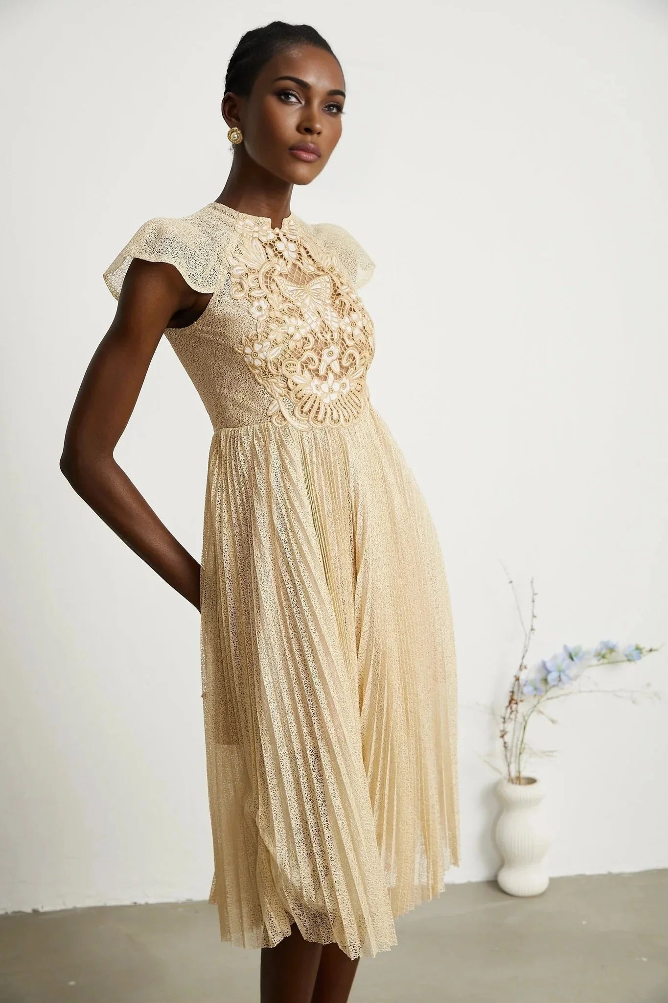 Ginetta Midi Dress - Sleeveless - Pleated Embroidered Design - Butterfly Motif - Cut - out Detail - Rear Zip