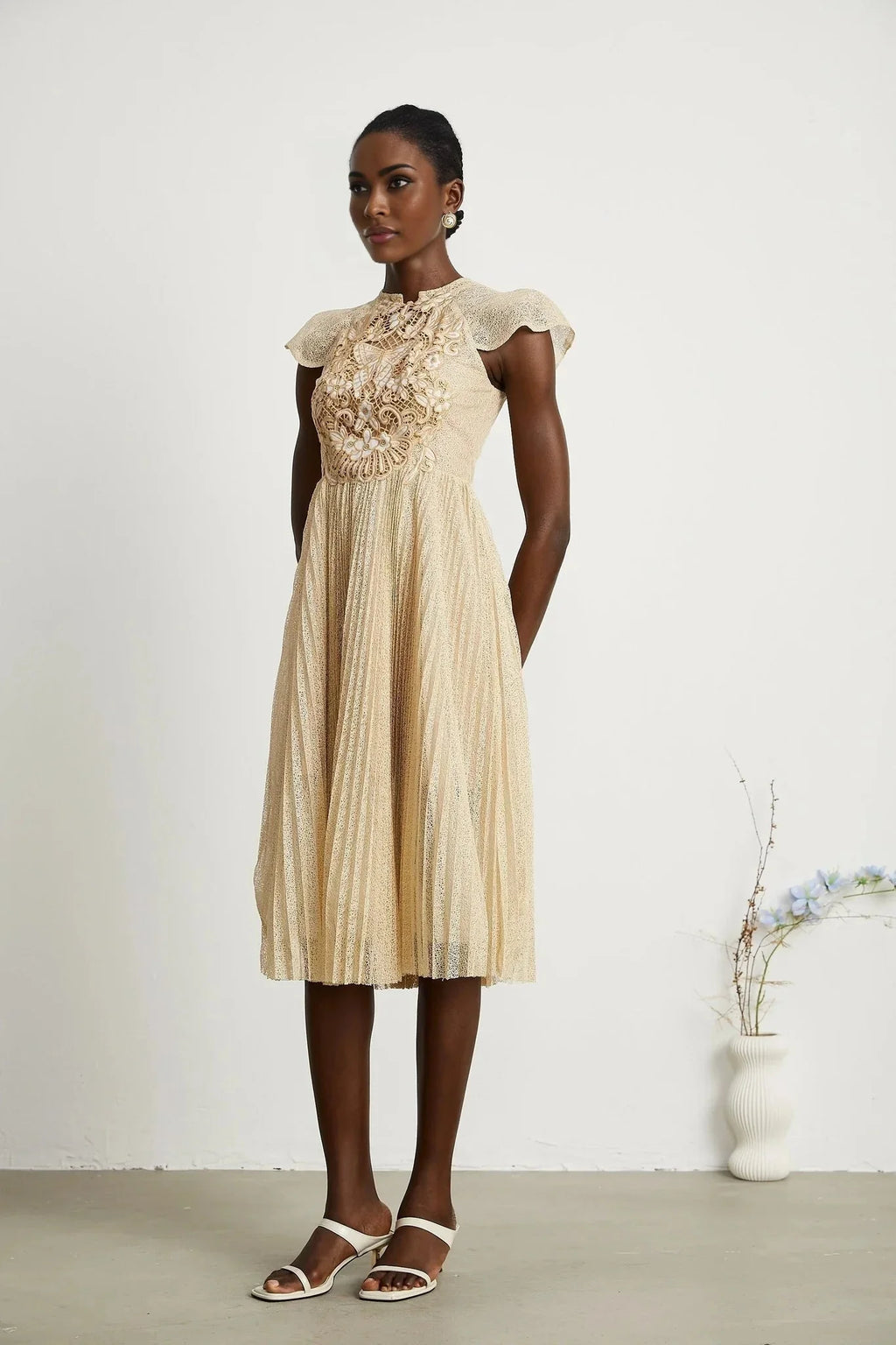 Ginetta Midi Dress - Sleeveless - Pleated Embroidered Design - Butterfly Motif - Cut - out Detail - Rear Zip