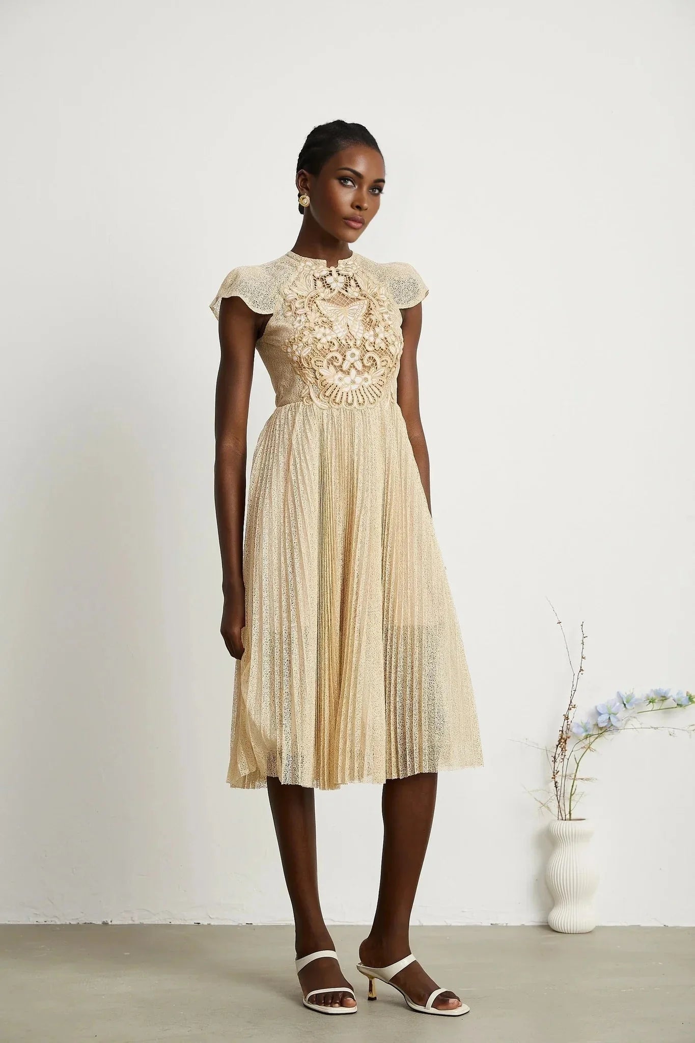 Ginetta Midi Dress - Sleeveless - Pleated Embroidered Design - Butterfly Motif - Cut - out Detail - Rear Zip