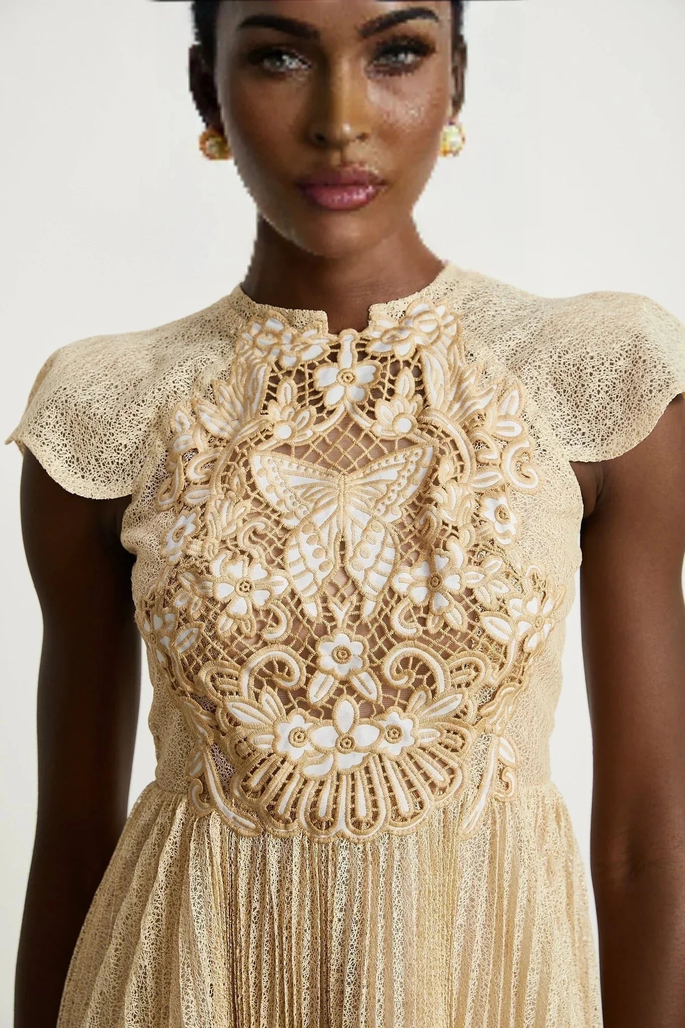 Ginetta Midi Dress - Sleeveless - Pleated Embroidered Design - Butterfly Motif - Cut - out Detail - Rear Zip