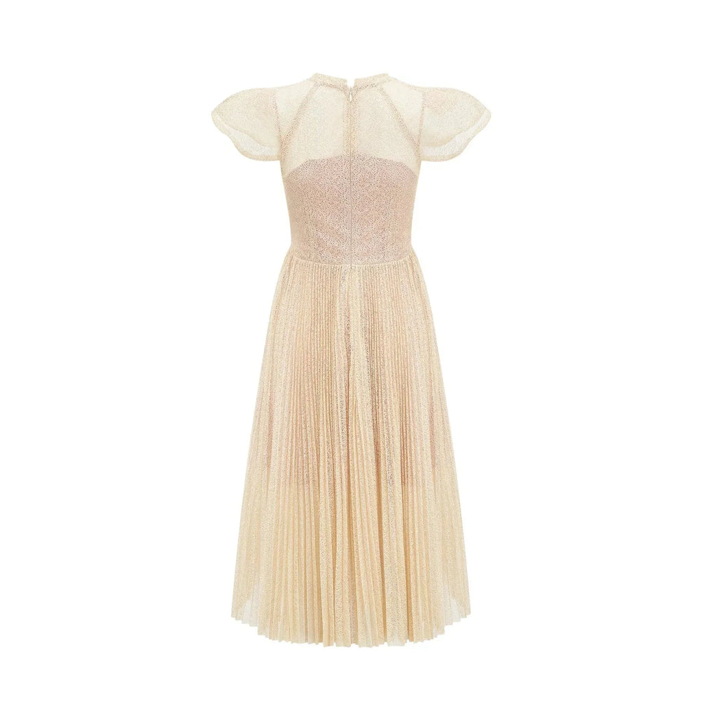 Ginetta Midi Dress - Sleeveless - Pleated Embroidered Design - Butterfly Motif - Cut - out Detail - Rear Zip