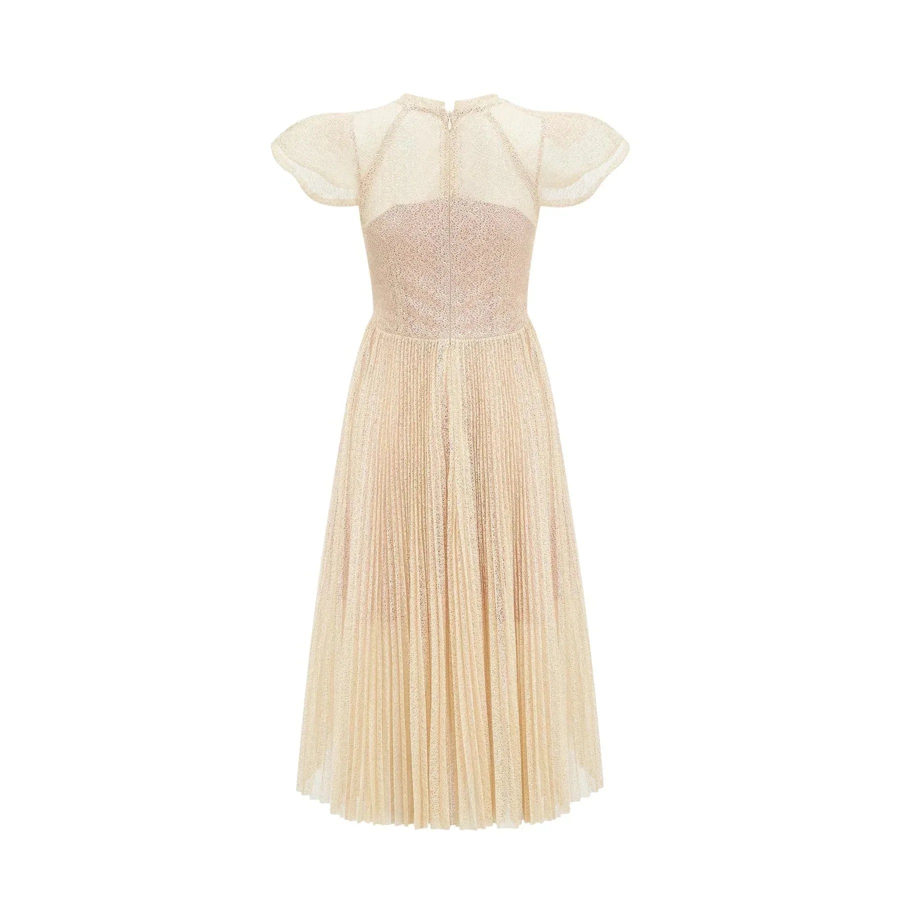 Ginetta Midi Dress - Sleeveless - Pleated Embroidered Design - Butterfly Motif - Cut - out Detail - Rear Zip