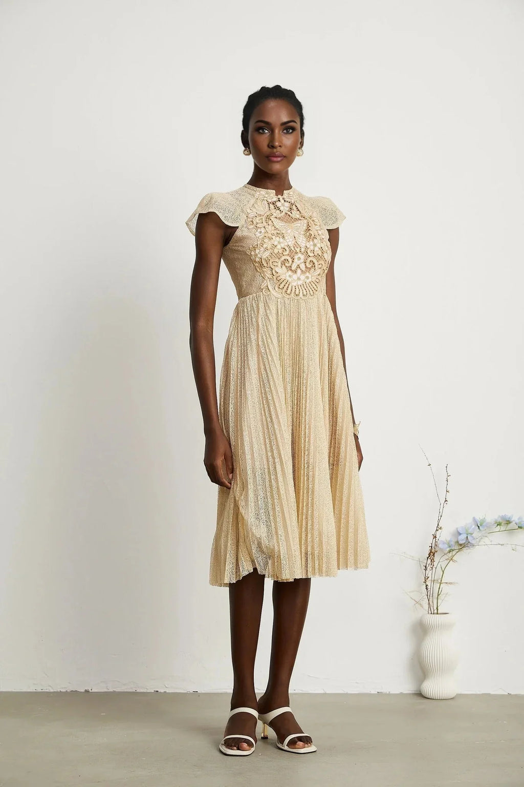 Ginetta Midi Dress - Sleeveless - Pleated Embroidered Design - Butterfly Motif - Cut - out Detail - Rear Zip