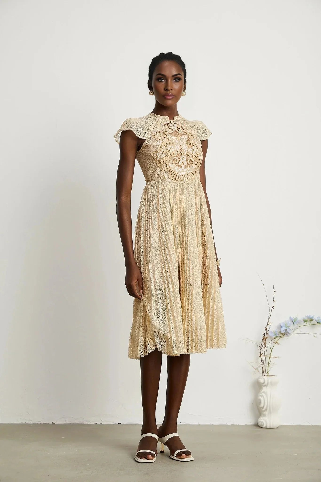 Ginetta Midi Dress - Sleeveless - Pleated Embroidered Design - Butterfly Motif - Cut - out Detail - Rear Zip