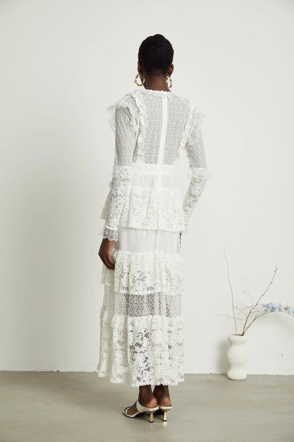 Ginetta Midi Dress - V - Neck Design - Floral Embroidery - Lace Trim - Cut - Out Details