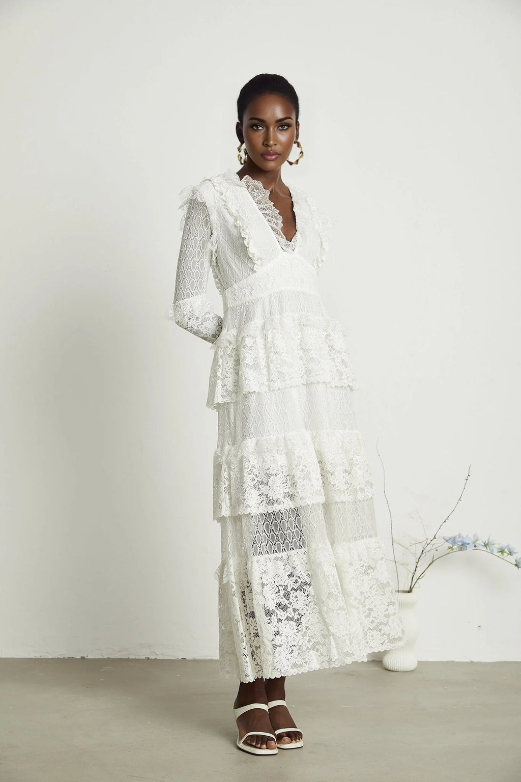 Ginetta Midi Dress - V - Neck Design - Floral Embroidery - Lace Trim - Cut - Out Details