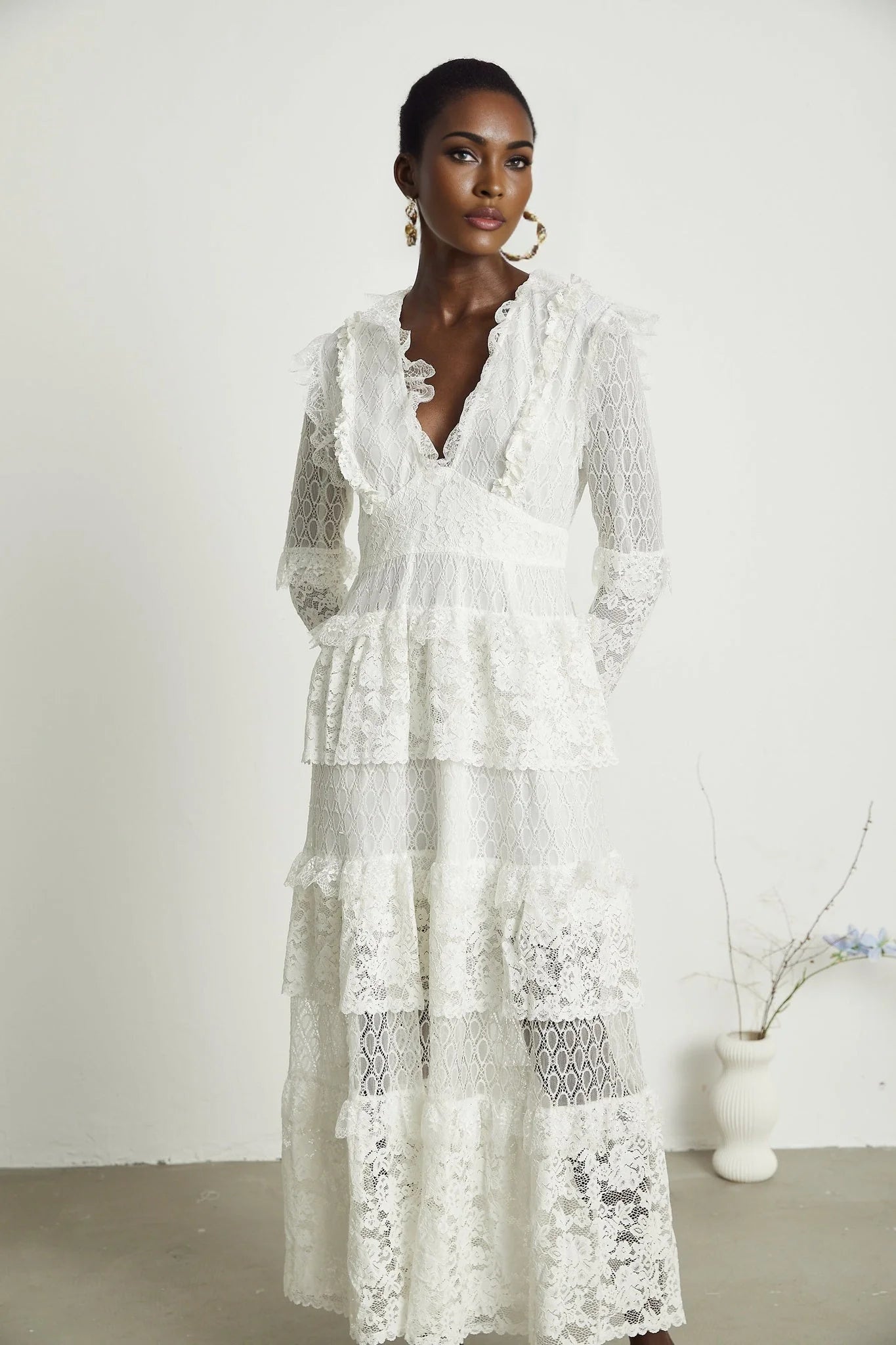 Ginetta Midi Dress - V - Neck Design - Floral Embroidery - Lace Trim - Cut - Out Details