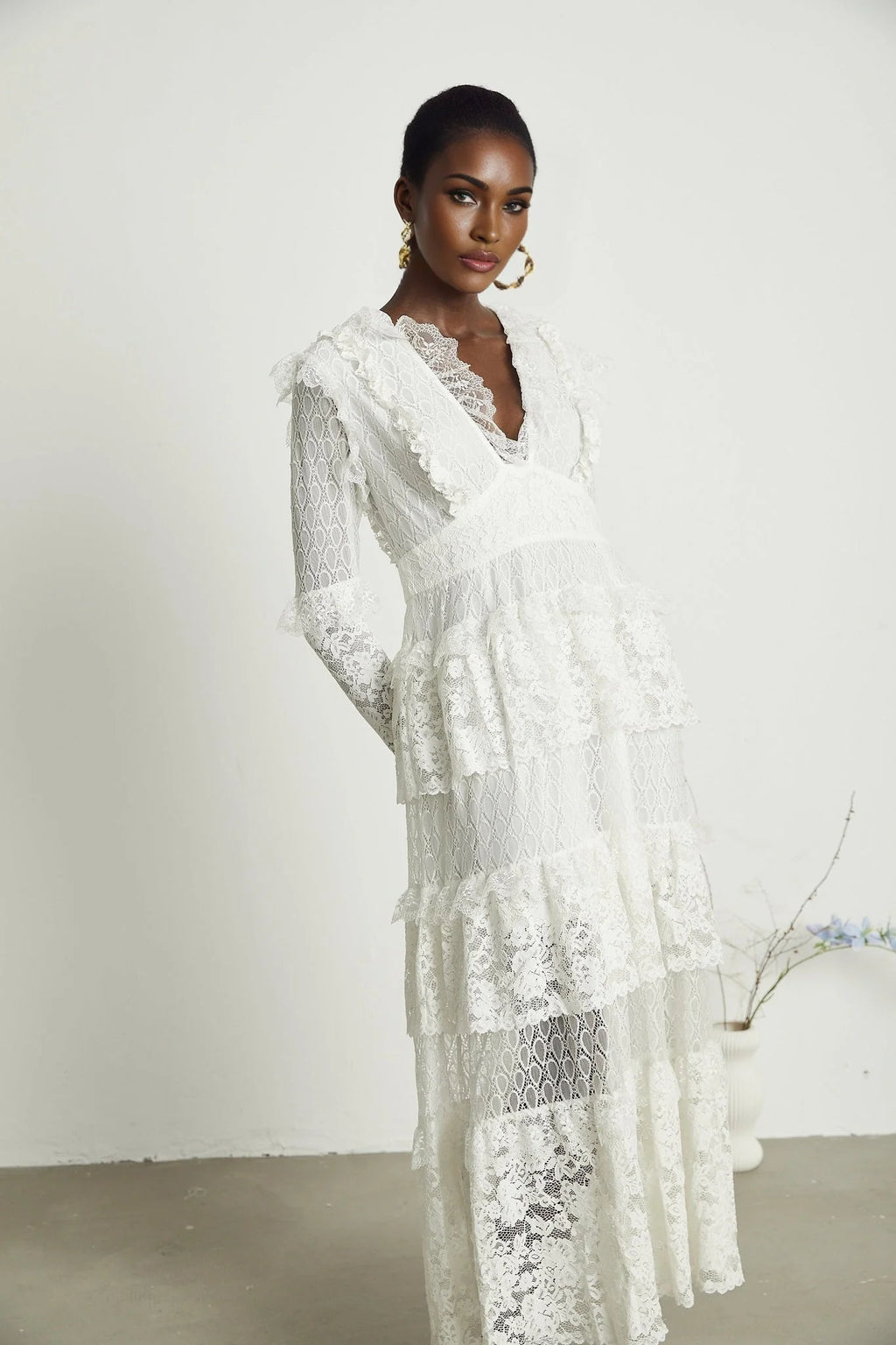 Ginetta Midi Dress - V - Neck Design - Floral Embroidery - Lace Trim - Cut - Out Details