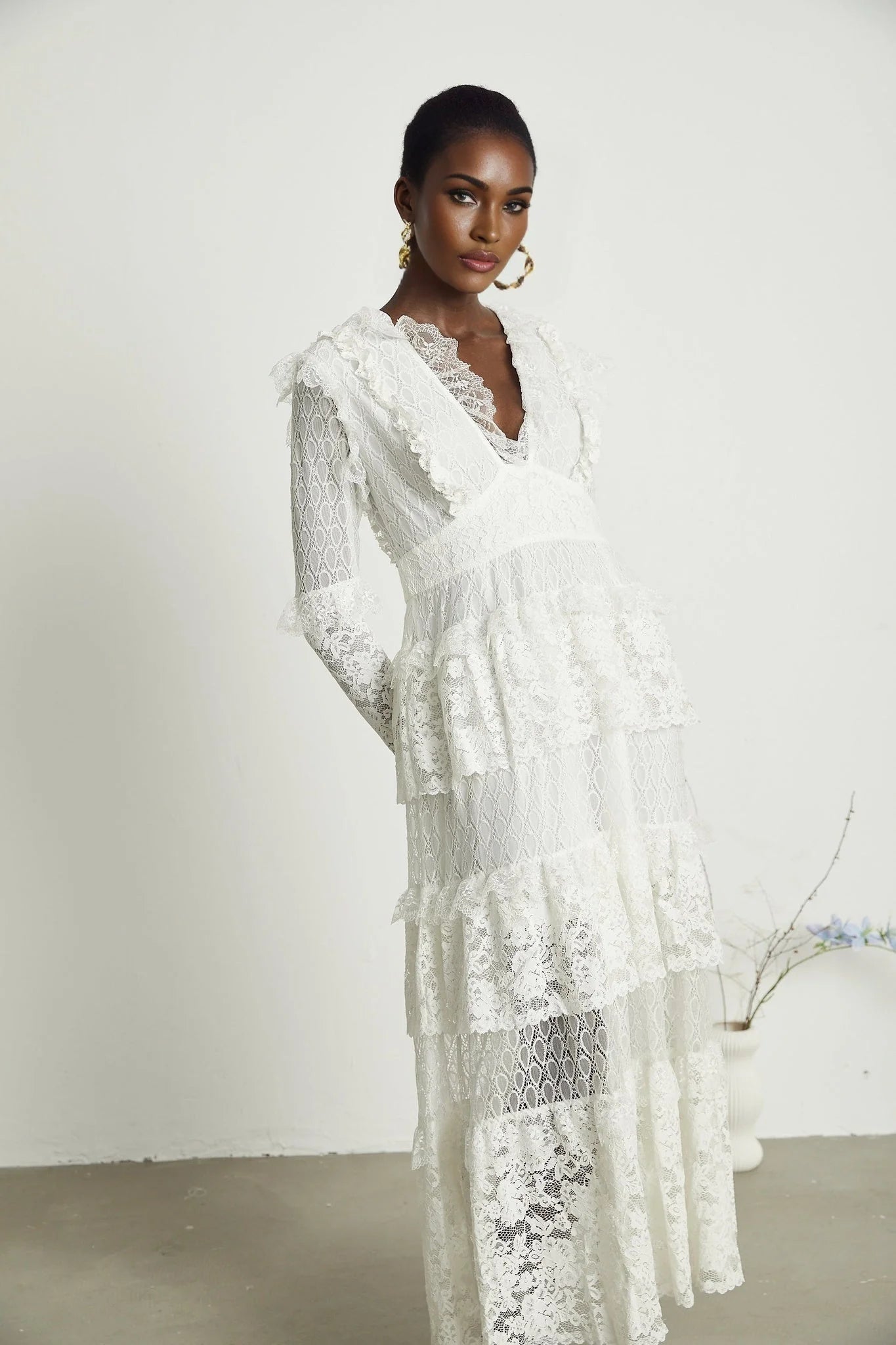 Ginetta Midi Dress - V - Neck Design - Floral Embroidery - Lace Trim - Cut - Out Details