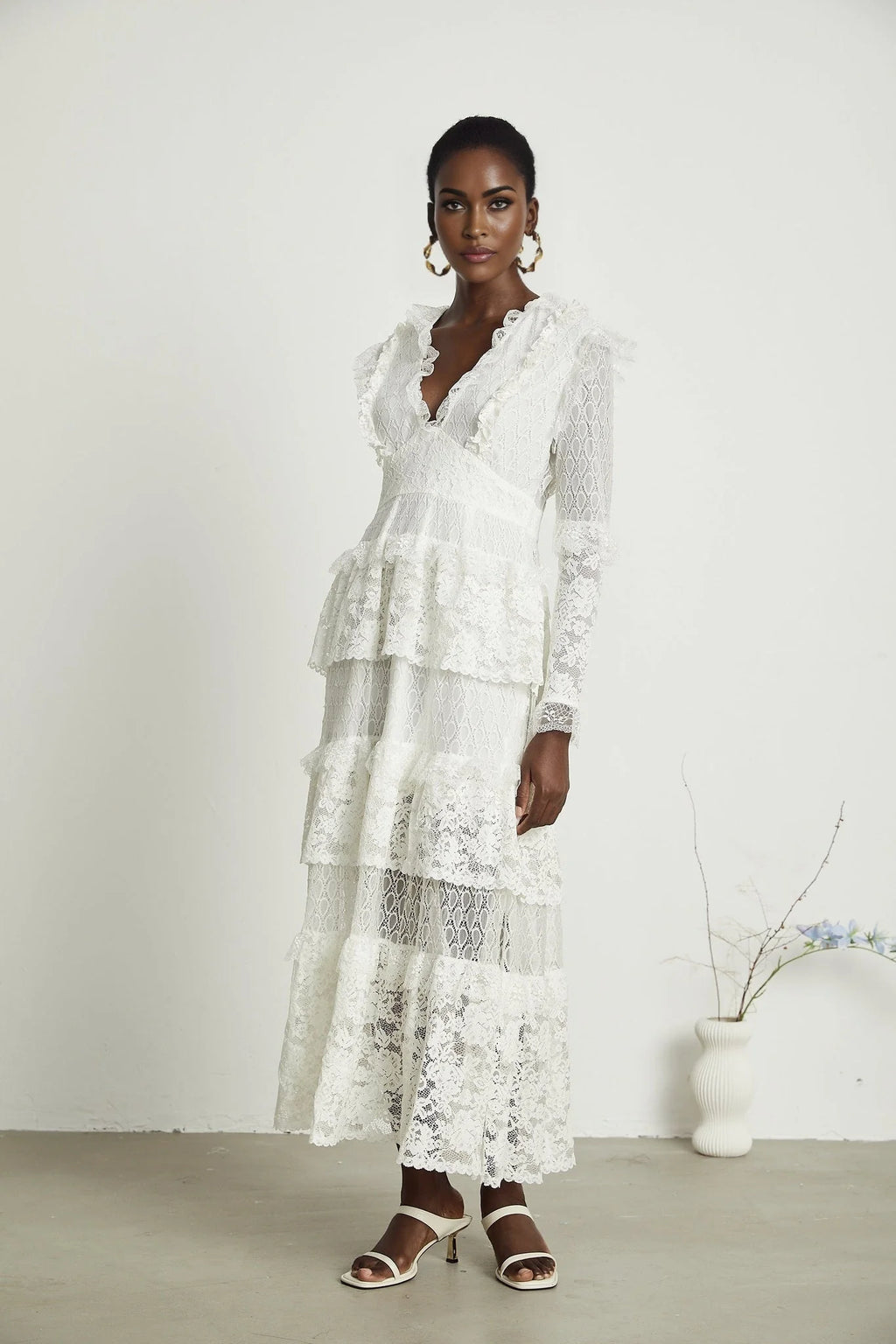 Ginetta Midi Dress - V - Neck Design - Floral Embroidery - Lace Trim - Cut - Out Details