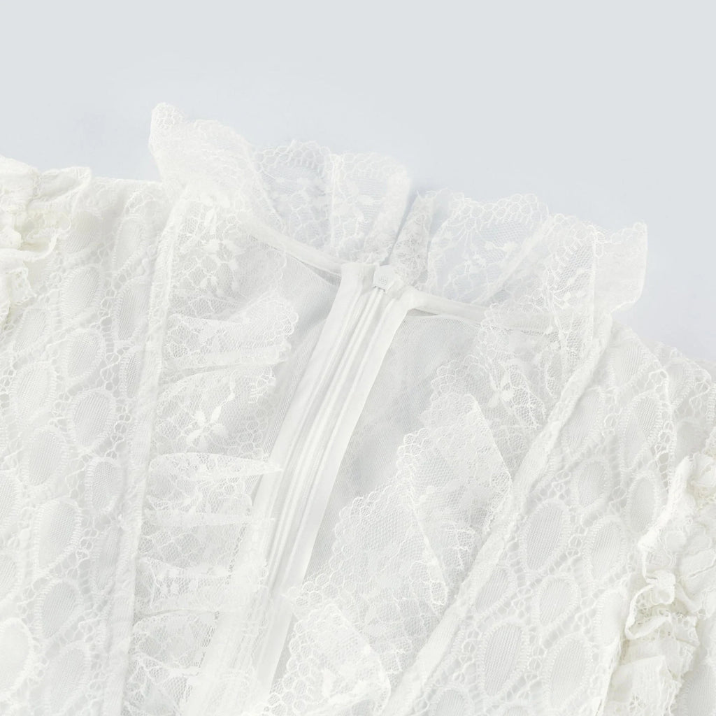 Ginetta Midi Dress - V - Neck Design - Floral Embroidery - Lace Trim - Cut - Out Details