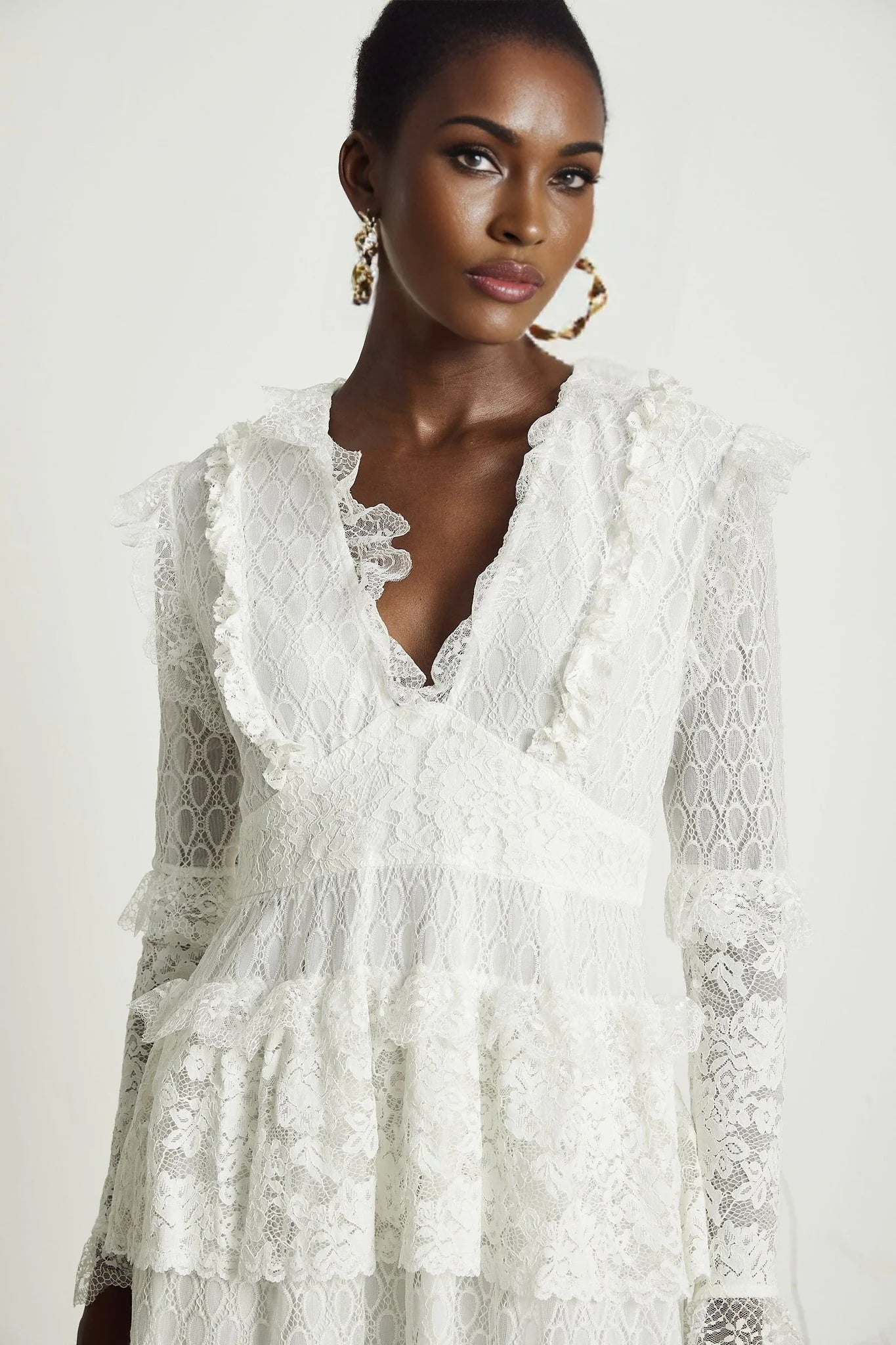 Ginetta Midi Dress - V - Neck Design - Floral Embroidery - Lace Trim - Cut - Out Details