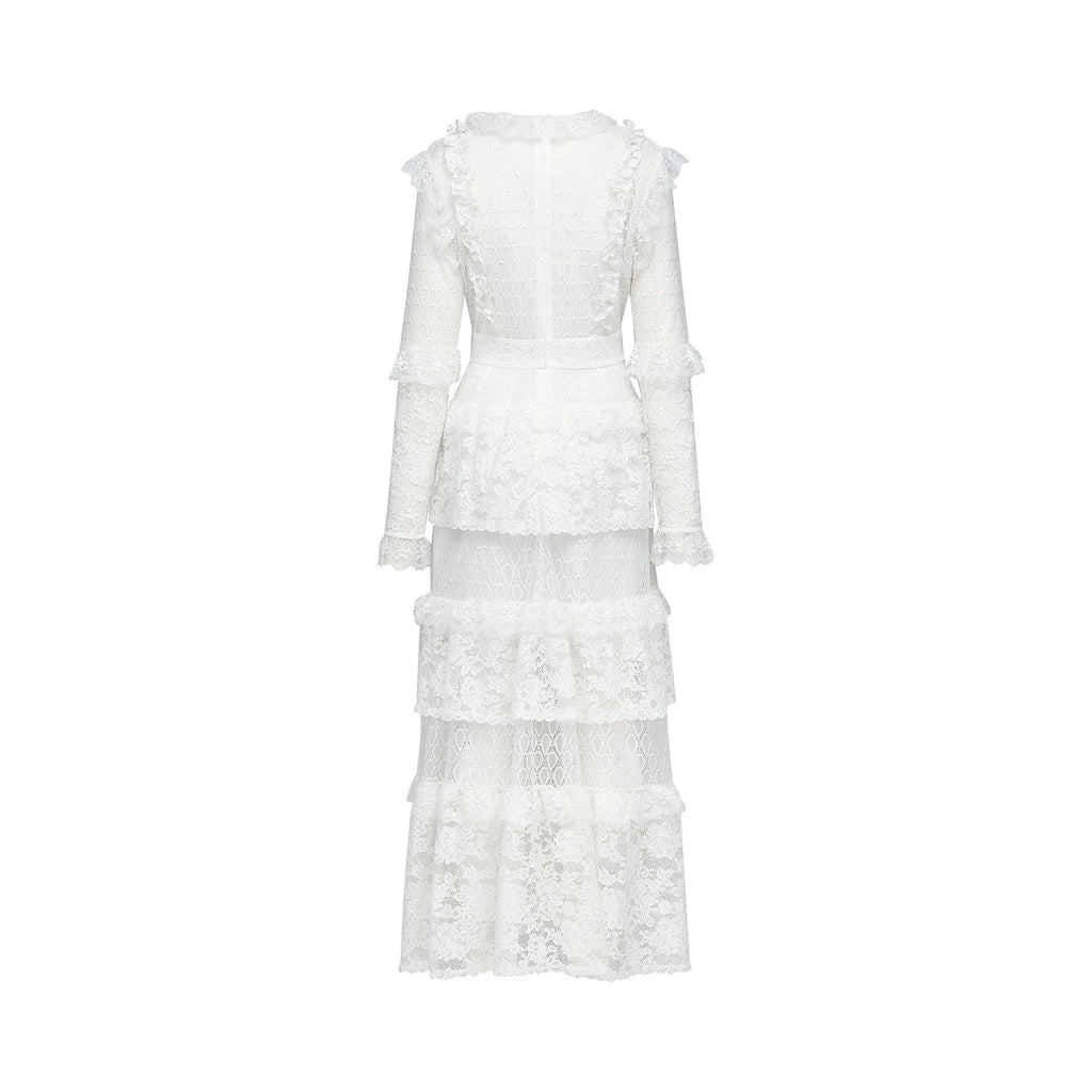 Ginetta Midi Dress - V - Neck Design - Floral Embroidery - Lace Trim - Cut - Out Details