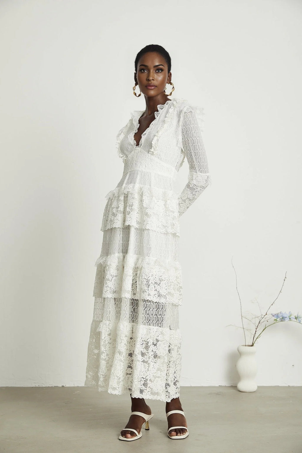 Ginetta Midi Dress - V - Neck Design - Floral Embroidery - Lace Trim - Cut - Out Details