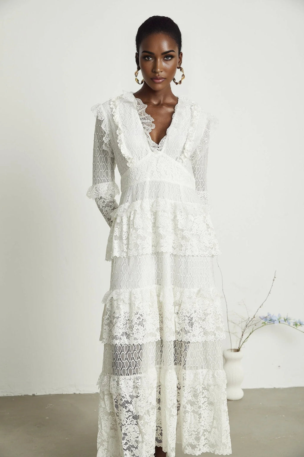 Ginetta Midi Dress - V - Neck Design - Floral Embroidery - Lace Trim - Cut - Out Details