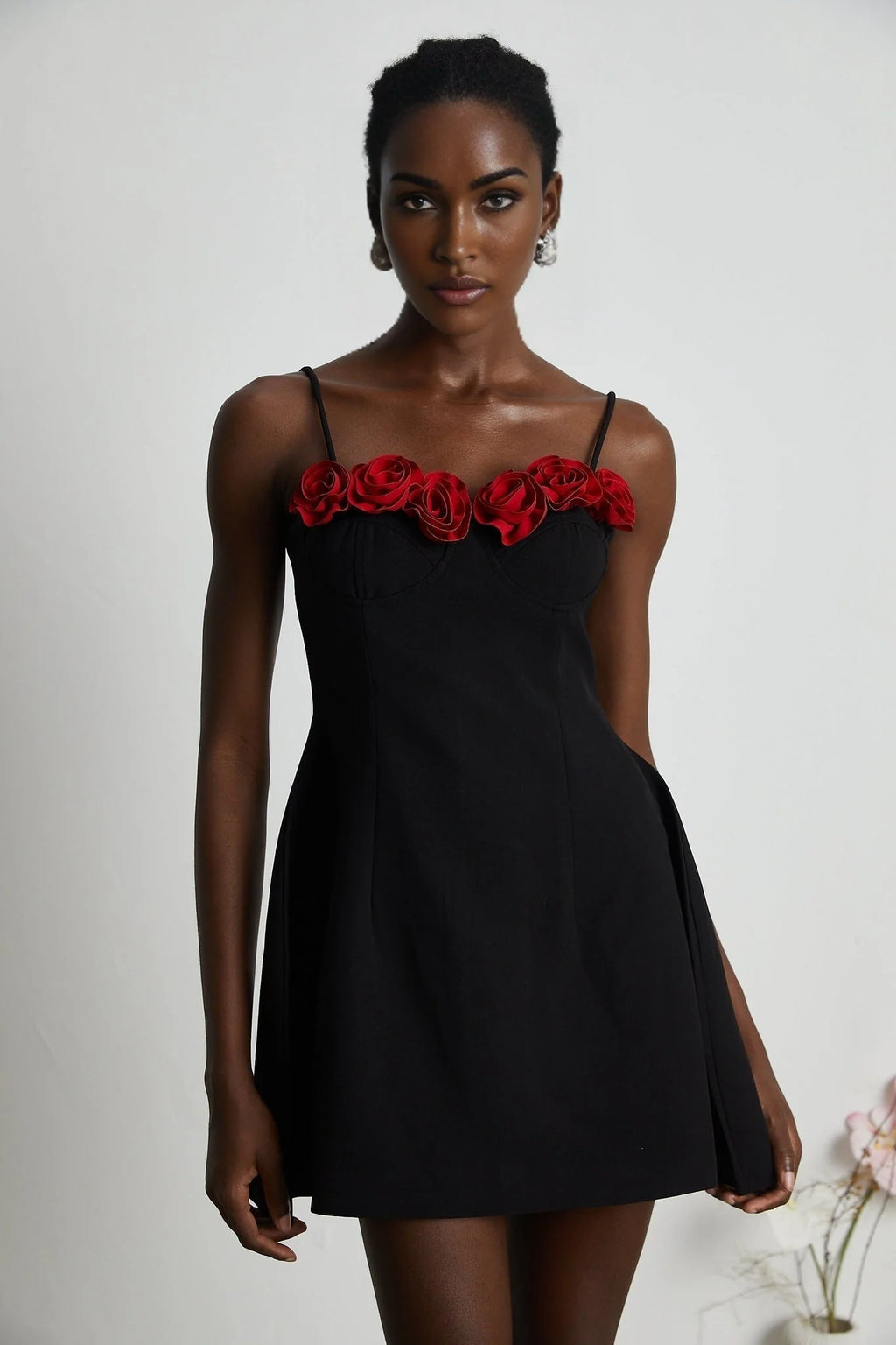 Ginetta Mini Dress - Sleeveless Spaghetti Strap Bustier Style Faux - Flower Embellishment Zip Fastening