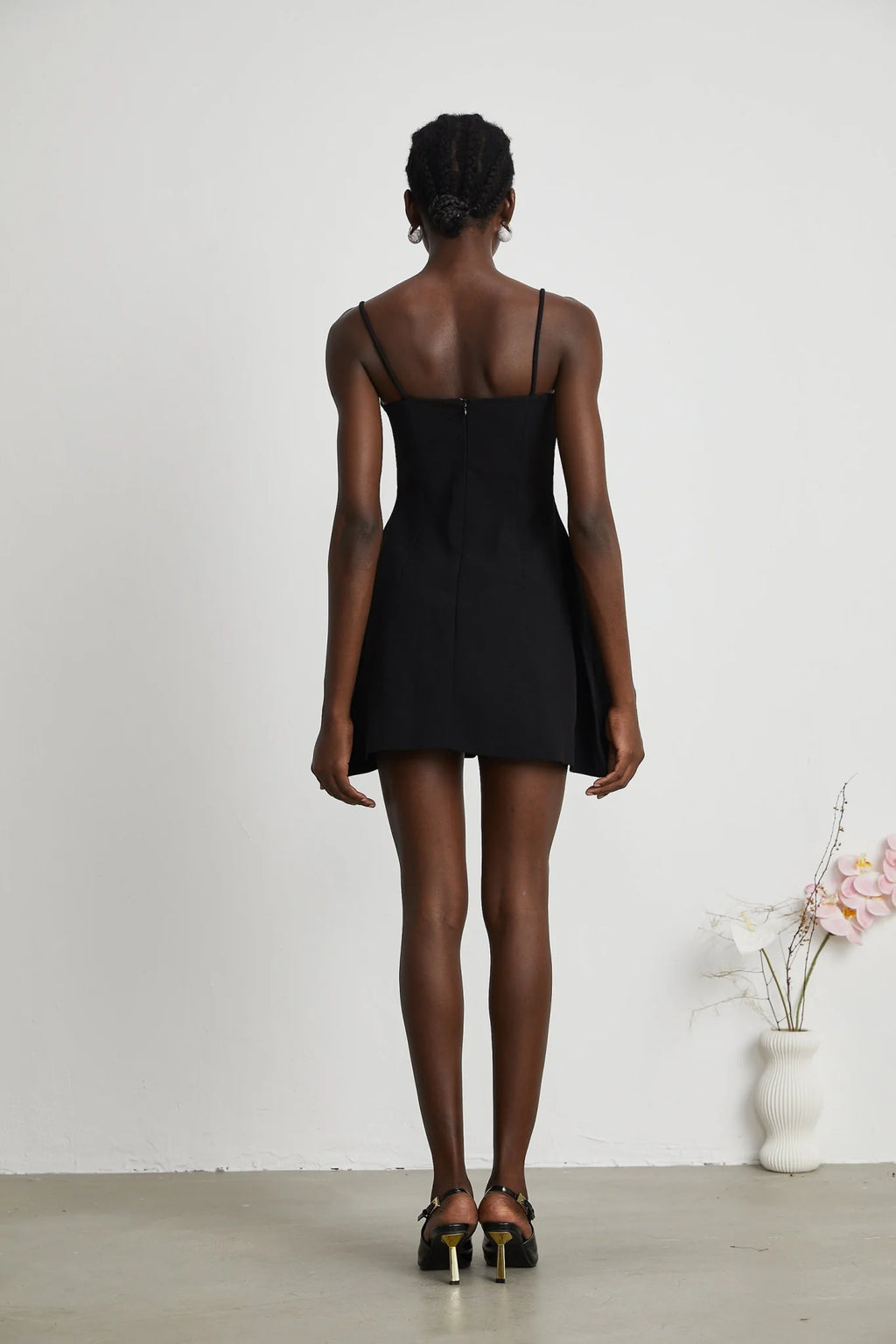 Ginetta Mini Dress - Sleeveless Spaghetti Strap Bustier Style Faux - Flower Embellishment Zip Fastening
