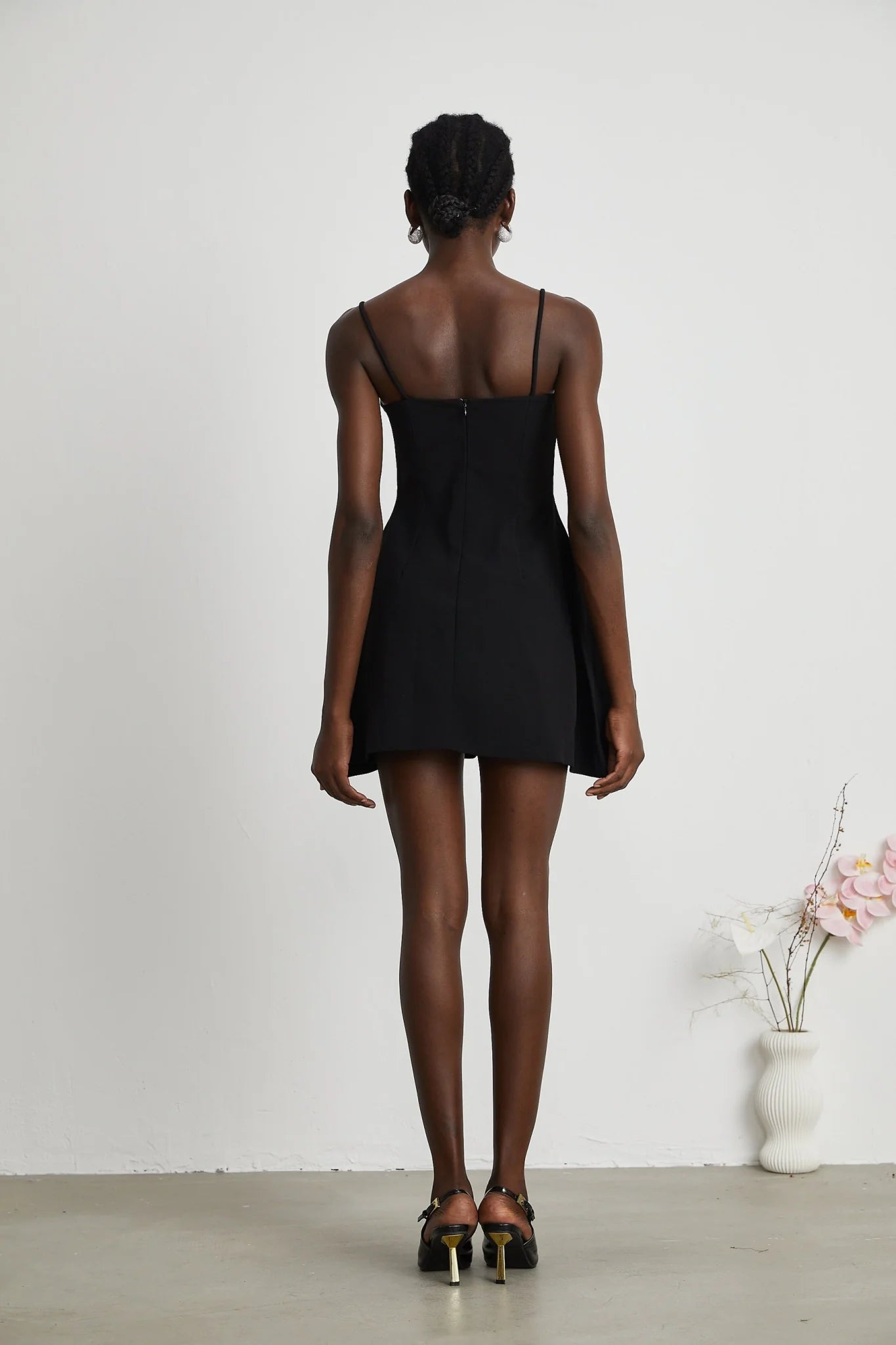 Ginetta Mini Dress - Sleeveless Spaghetti Strap Bustier Style Faux - Flower Embellishment Zip Fastening